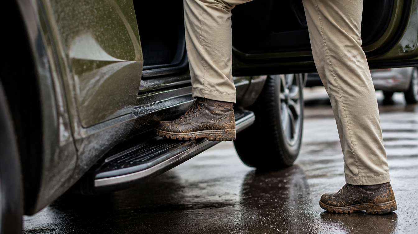 Pied chaussé de bottes prenant appui sur le marchepied d'un SUV, portière ouverte
