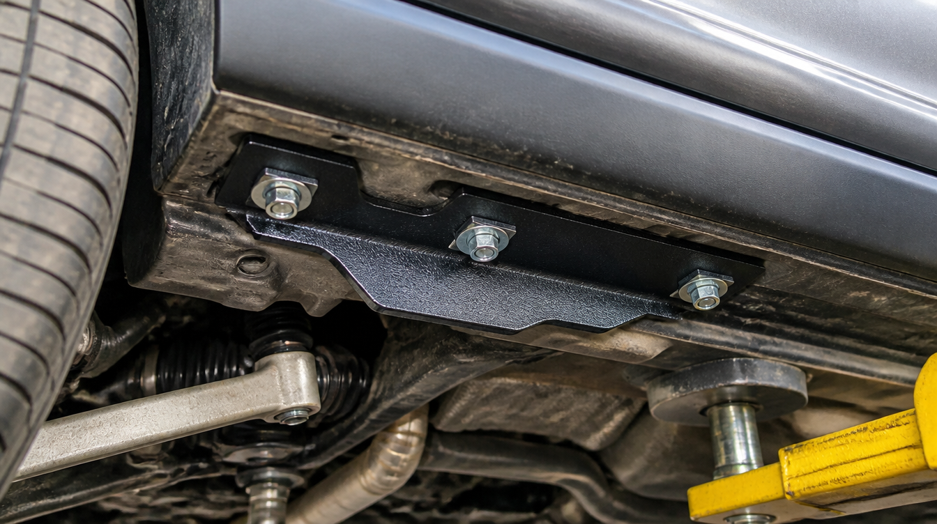 Support de marchepied boulonné sous le bas de caisse d'un SUV vu depuis le dessous