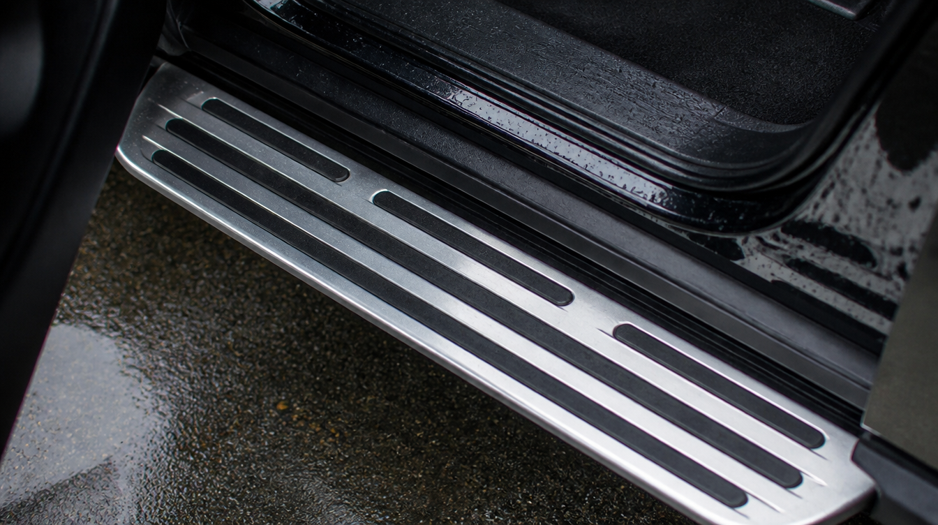 Plateforme de marchepied en aluminium nervuré vue de dessus, portière ouverte