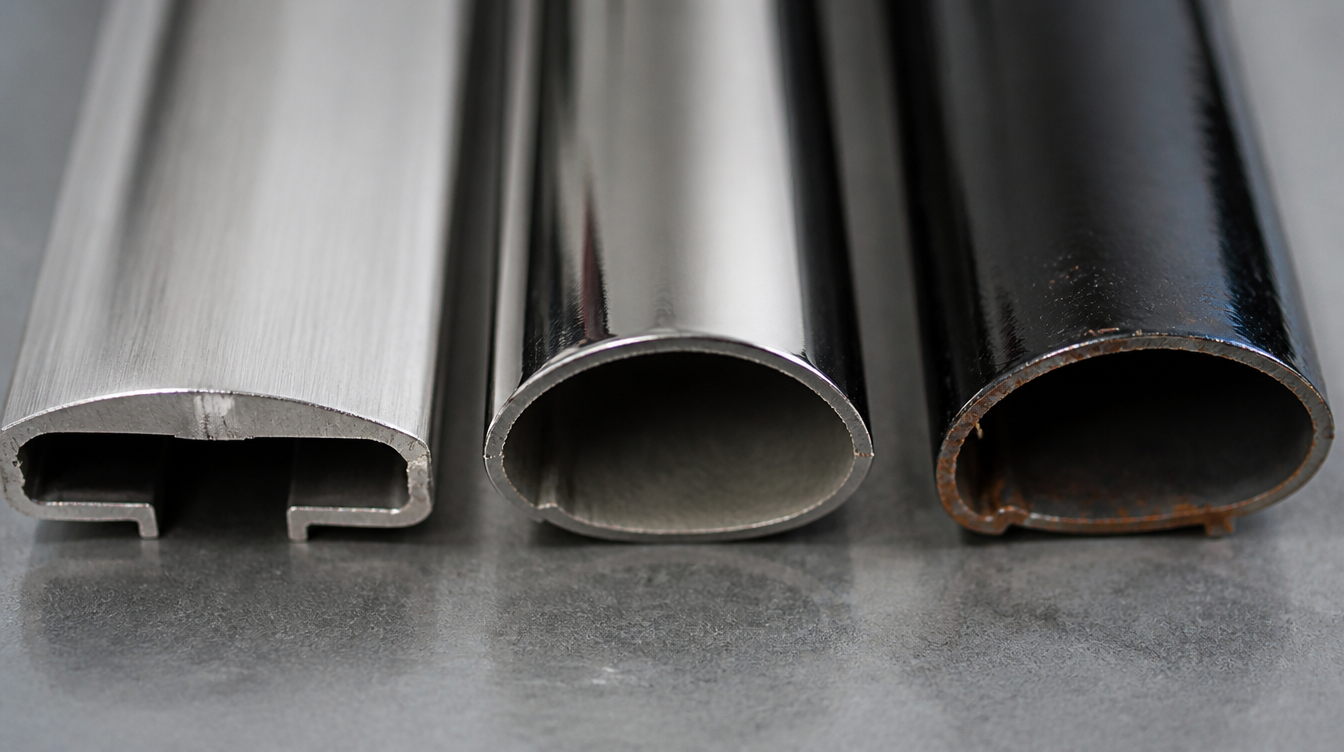 Trois échantillons de marchepied côte à côte : aluminium brossé, inox poli et acier peint rouillé