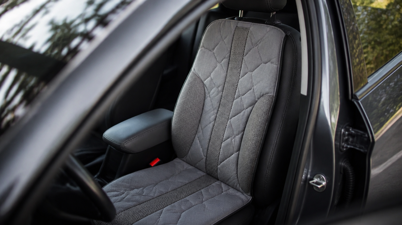 Coussin de siège voiture avec appui-dos intégré fixé autour des tiges d'appuie-tête