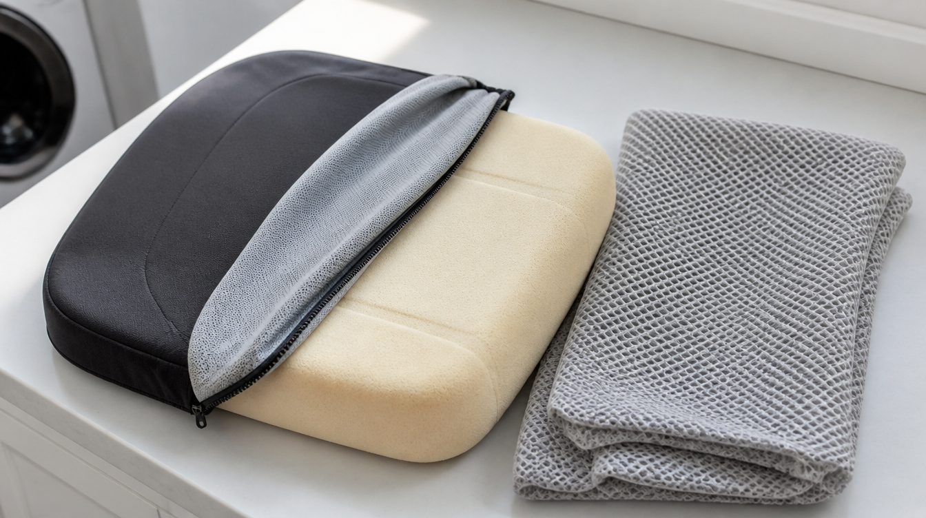 Housse de coussin de siège voiture déhoussée à côté d'une housse en maille aérée
