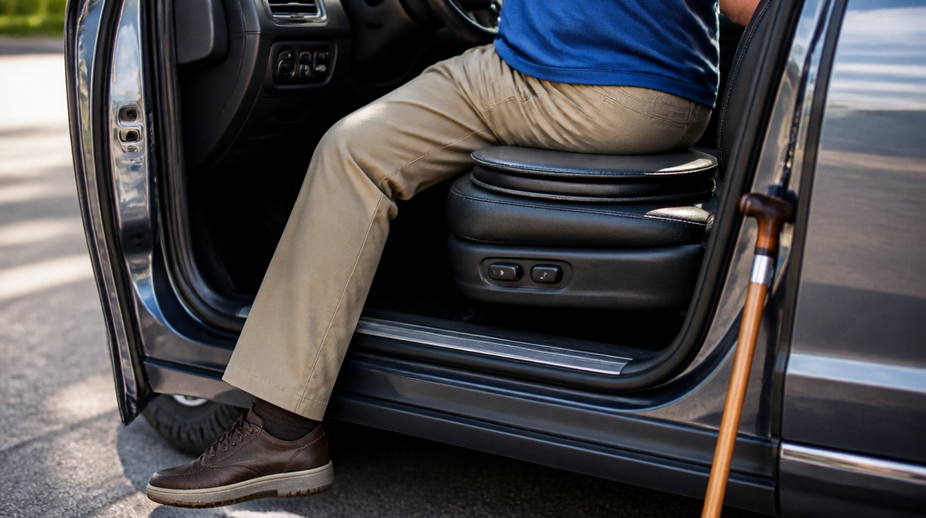 Coussin de siège voiture pivotant à deux disques facilitant la sortie du véhicule