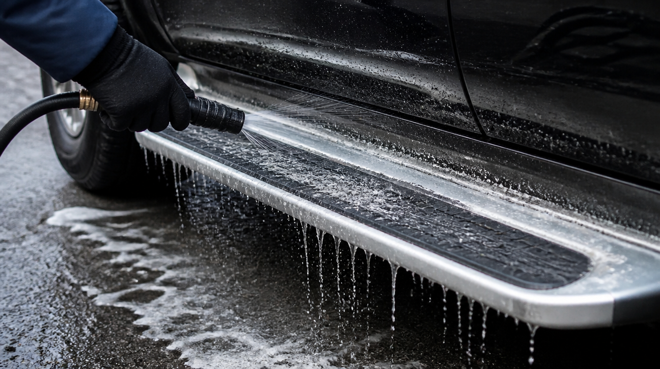 Marchepied rincé au jet d'eau en hiver, résidus de sel emportés par l'eau