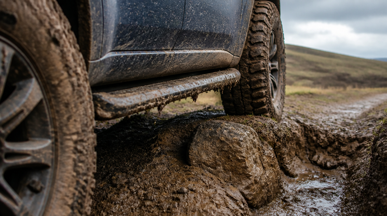 4x4 incliné dans une ornière boueuse, marchepied proche d'une pierre au bord du passage