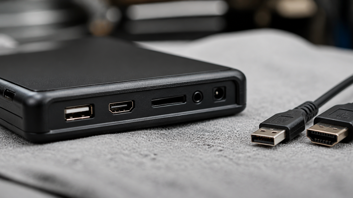 Connectique arrière d'un écran d'appuie-tête voiture : USB, HDMI, carte mémoire et prise casque