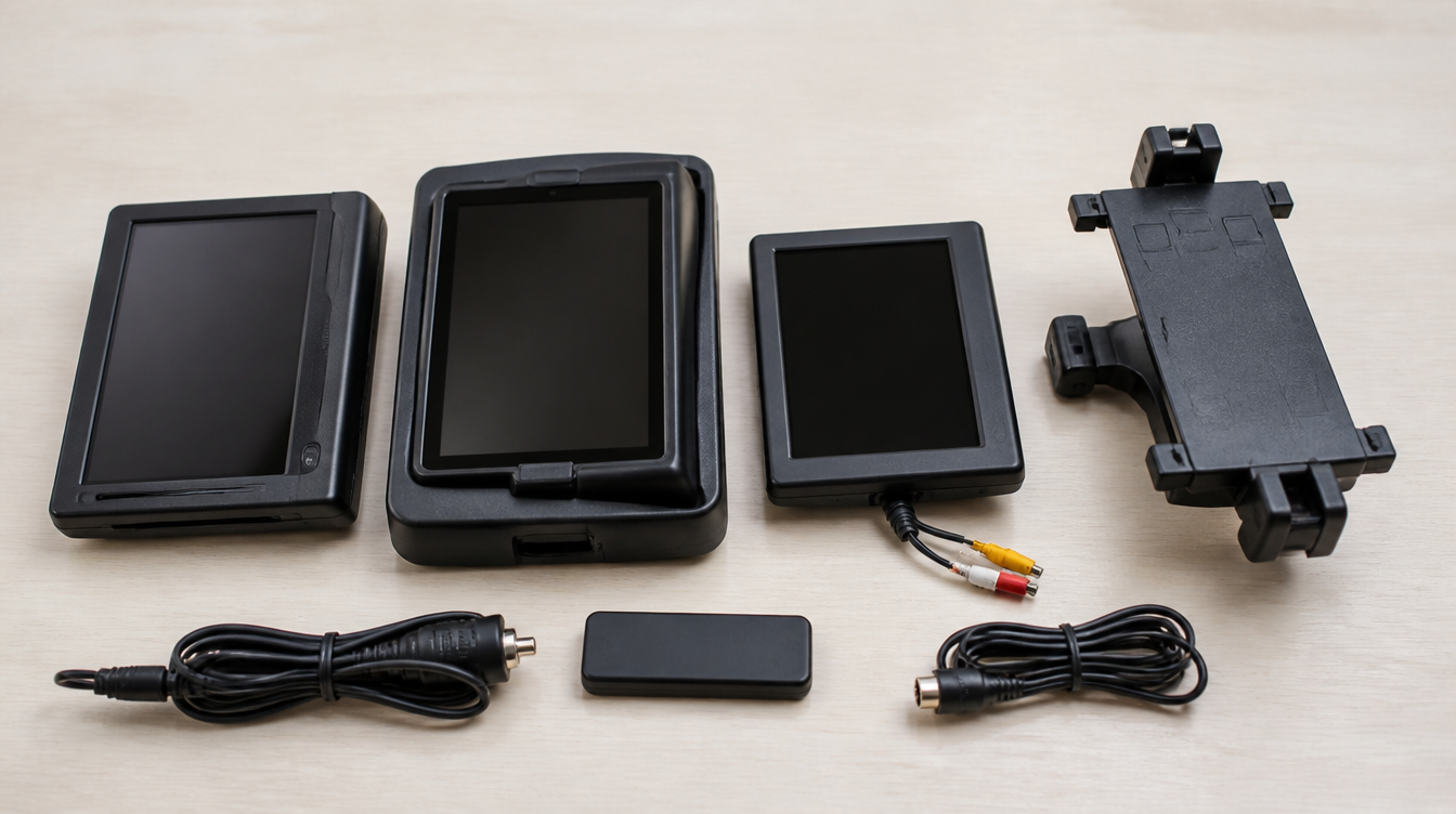 Les quatre solutions d'écran d'appuie-tête voiture posées côte à côte : lecteur DVD, écran Android, moniteur simple et support tablette
