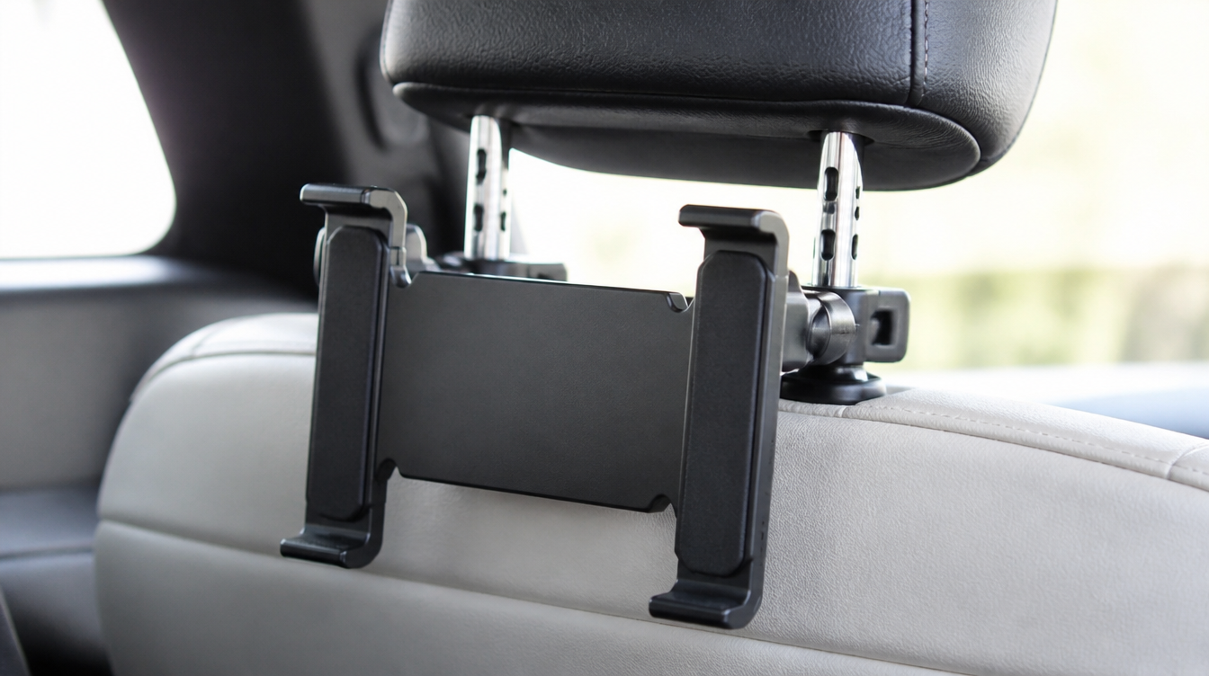 Support tablette vide fixé sur les tiges d'un appuie-tête de voiture