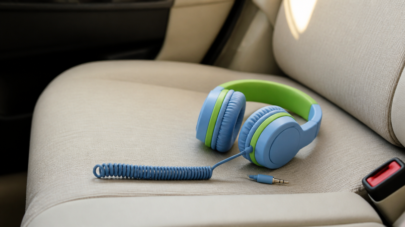 Casque audio enfant et son câble jack posés sur la banquette arrière