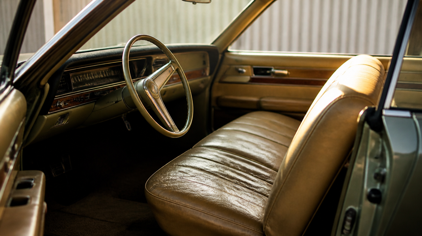 Banquette avant en cuir patiné d'une voiture ancienne, dépourvue d'appuie-tête