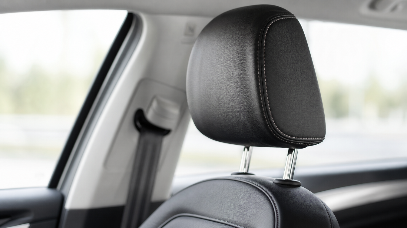 Appuie-tête voiture en cuir remonté sur ses tiges chromées au sommet d'un siège avant