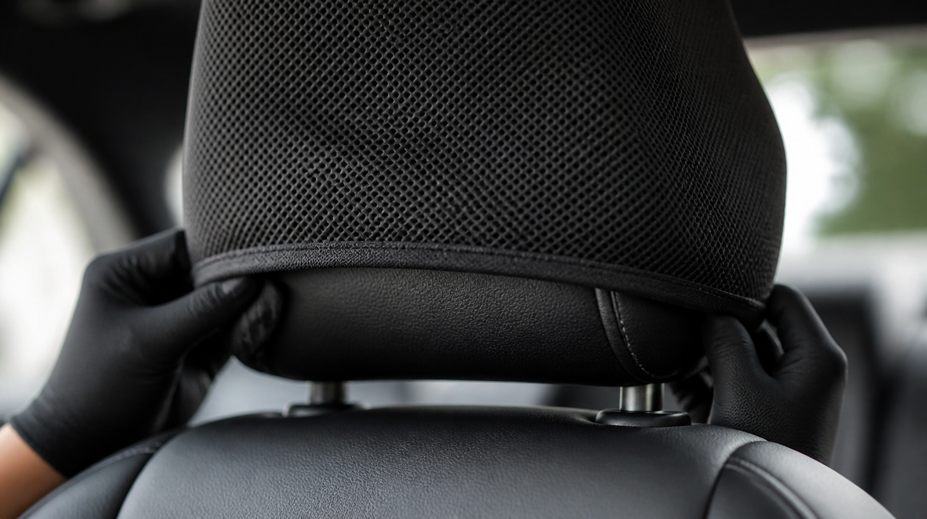 Housse d'appuie-tête voiture en tissu maillé enfilée sur l'appuie-tête d'origine