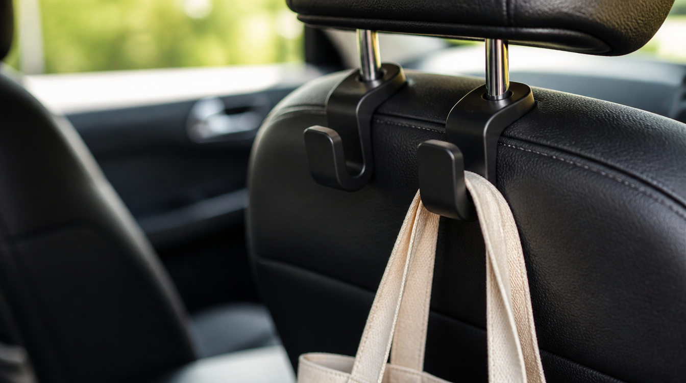 Crochet fixé sur les tiges d'un appuie-tête voiture avec un sac suspendu