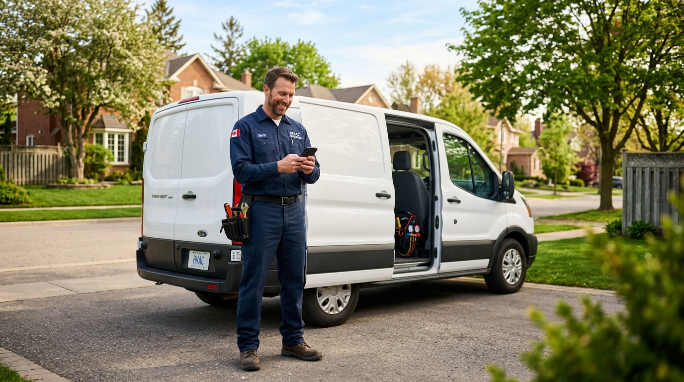 A home service contractor checking a new lead notification on his phone in a Canadian suburb