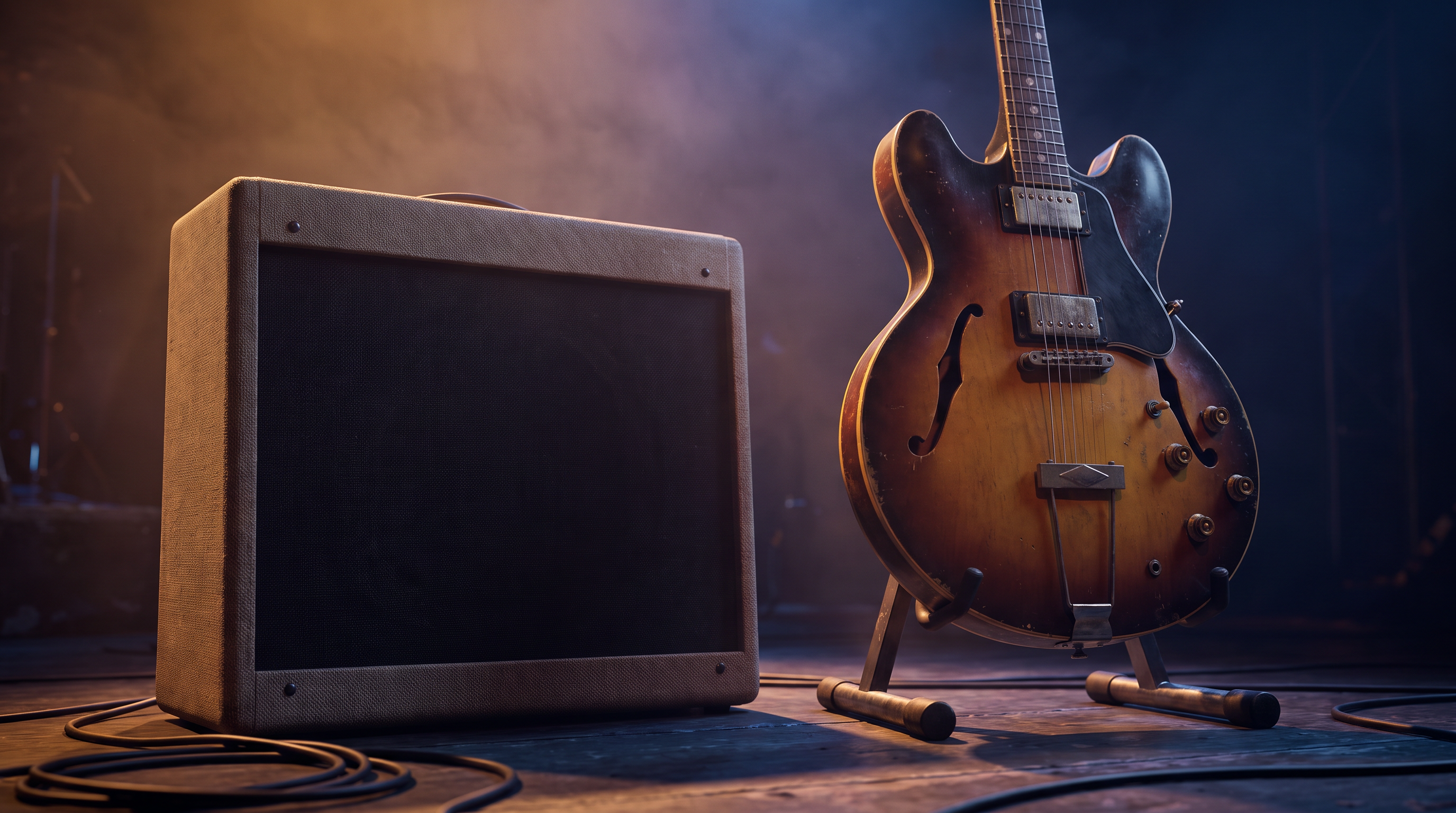 Electric guitar and amplifier on stage, ready for the show