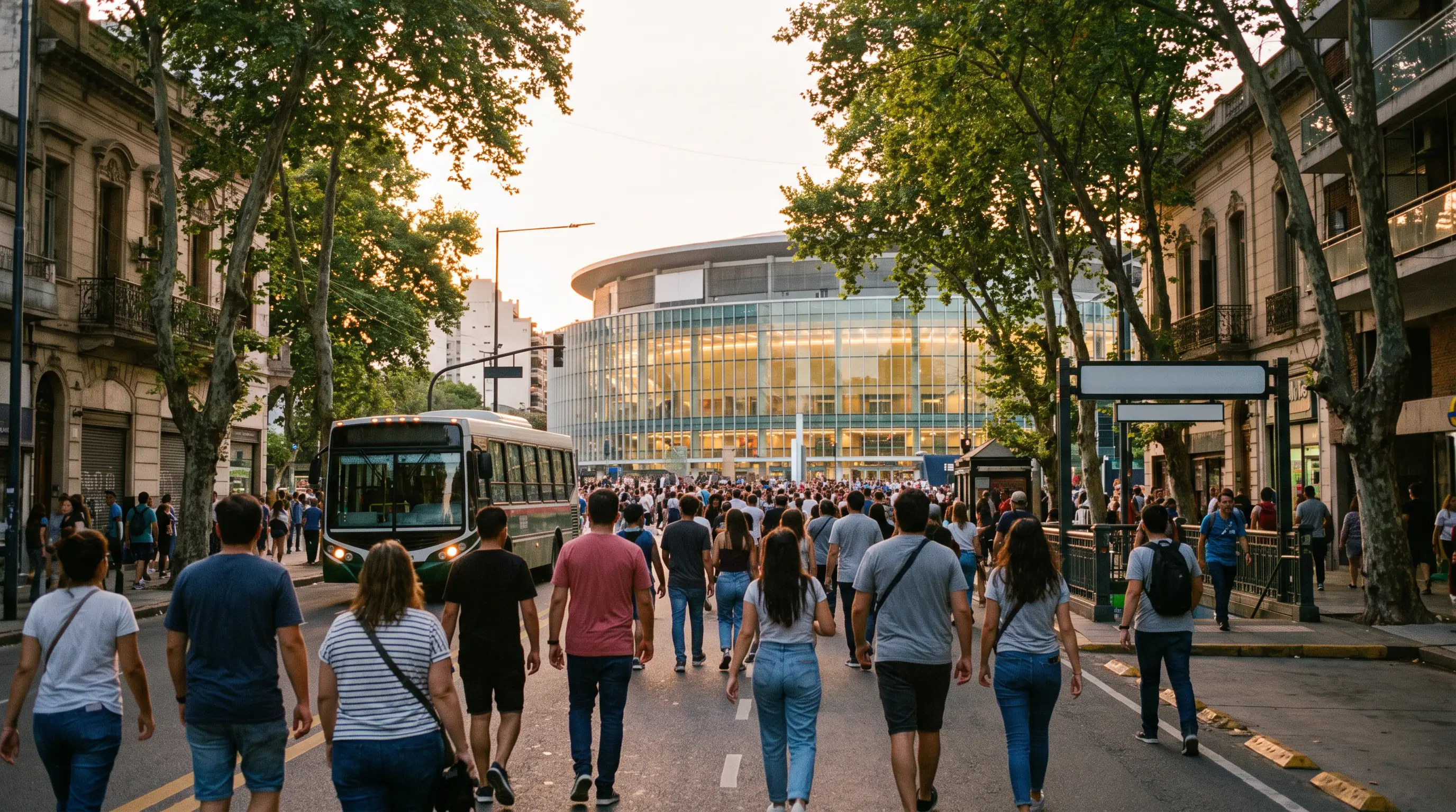 Des gens marchant au coucher du soleil vers une arène moderne dans un quartier de Buenos Aires, avec une entrée de métro et un bus passant sur l'avenue