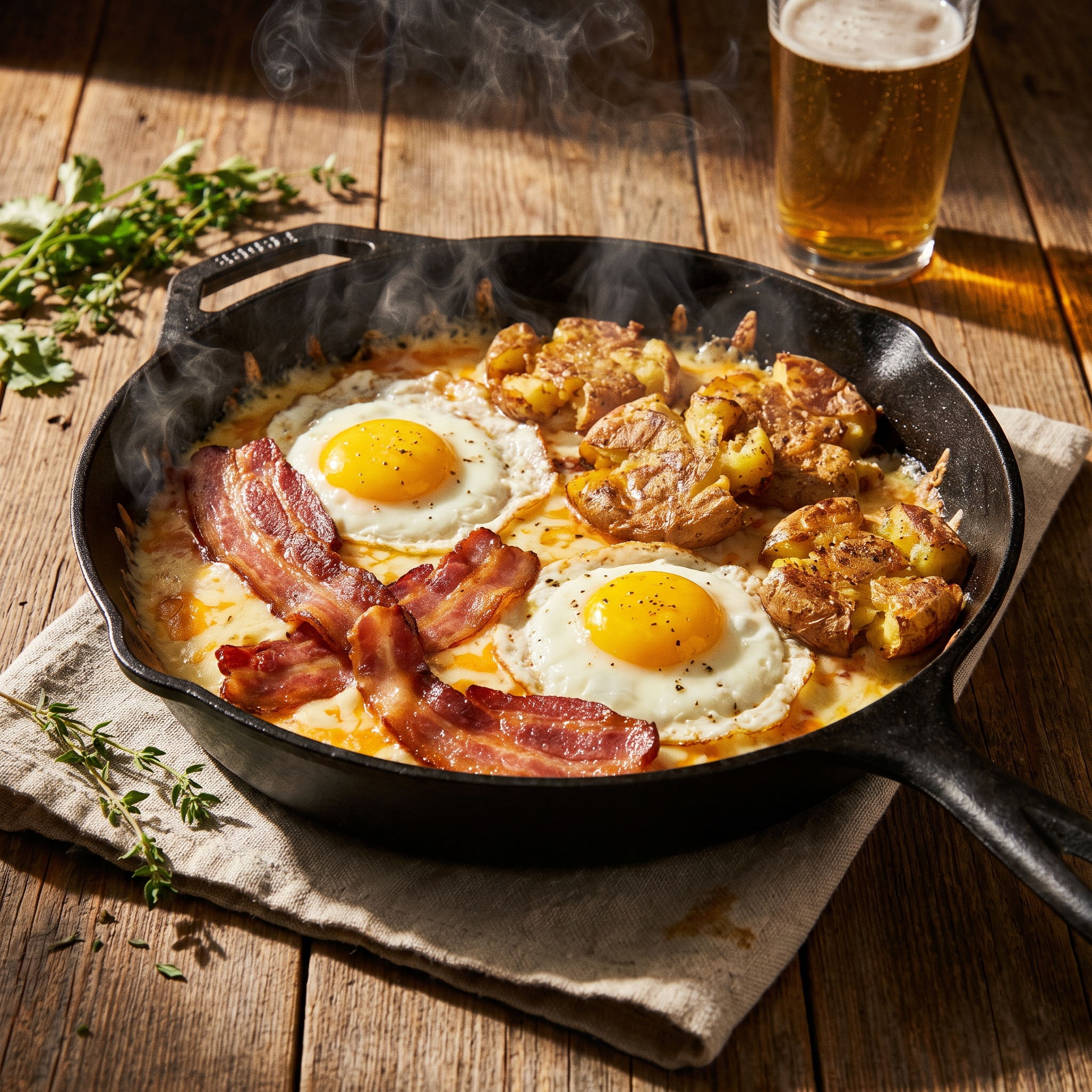Sartén de 4 Quesos Bacon, Patatas y Huevos