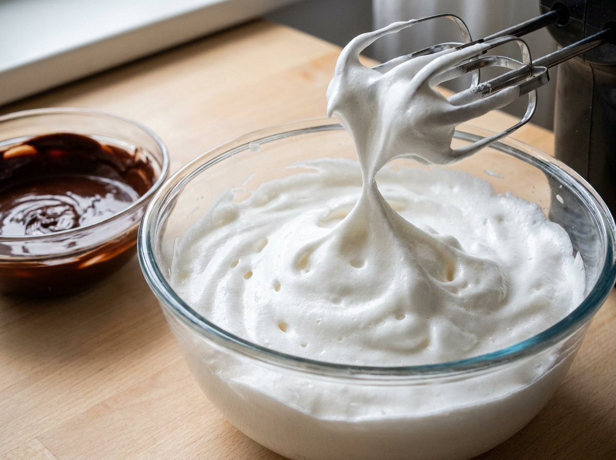 Aquafaba batida em picos firmes de merengue antes de ser incorporada ao chocolate derretido para a mousse vegana