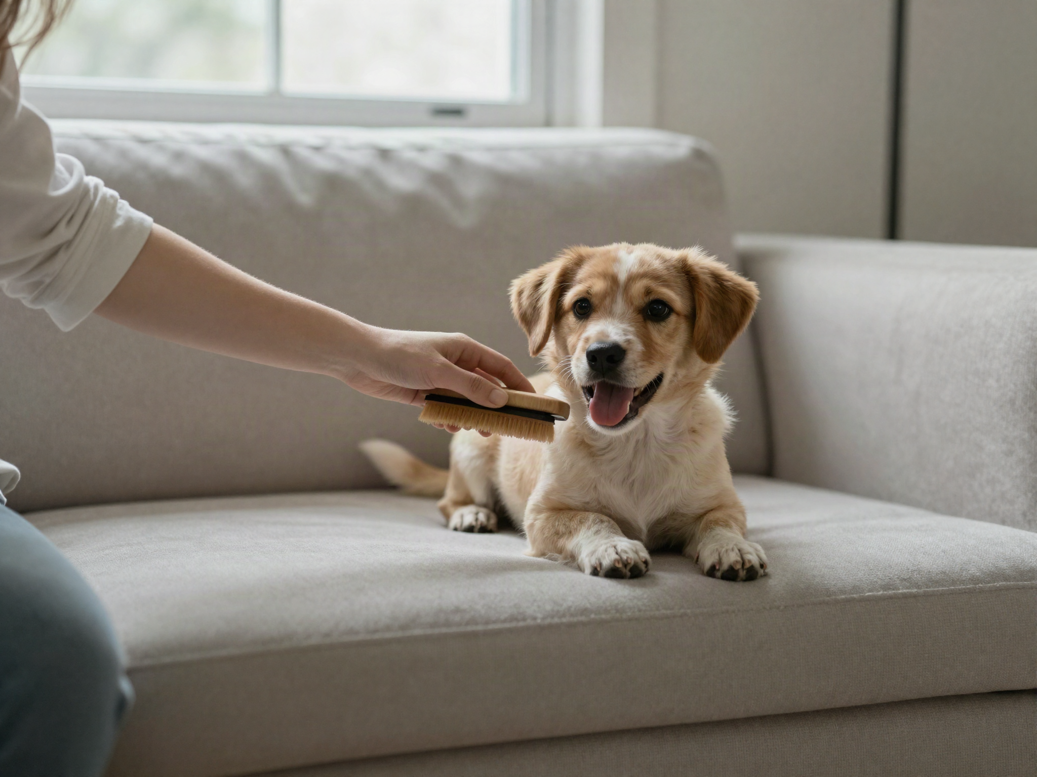 Person gently brushing a happy puppy at home to prepare for grooming