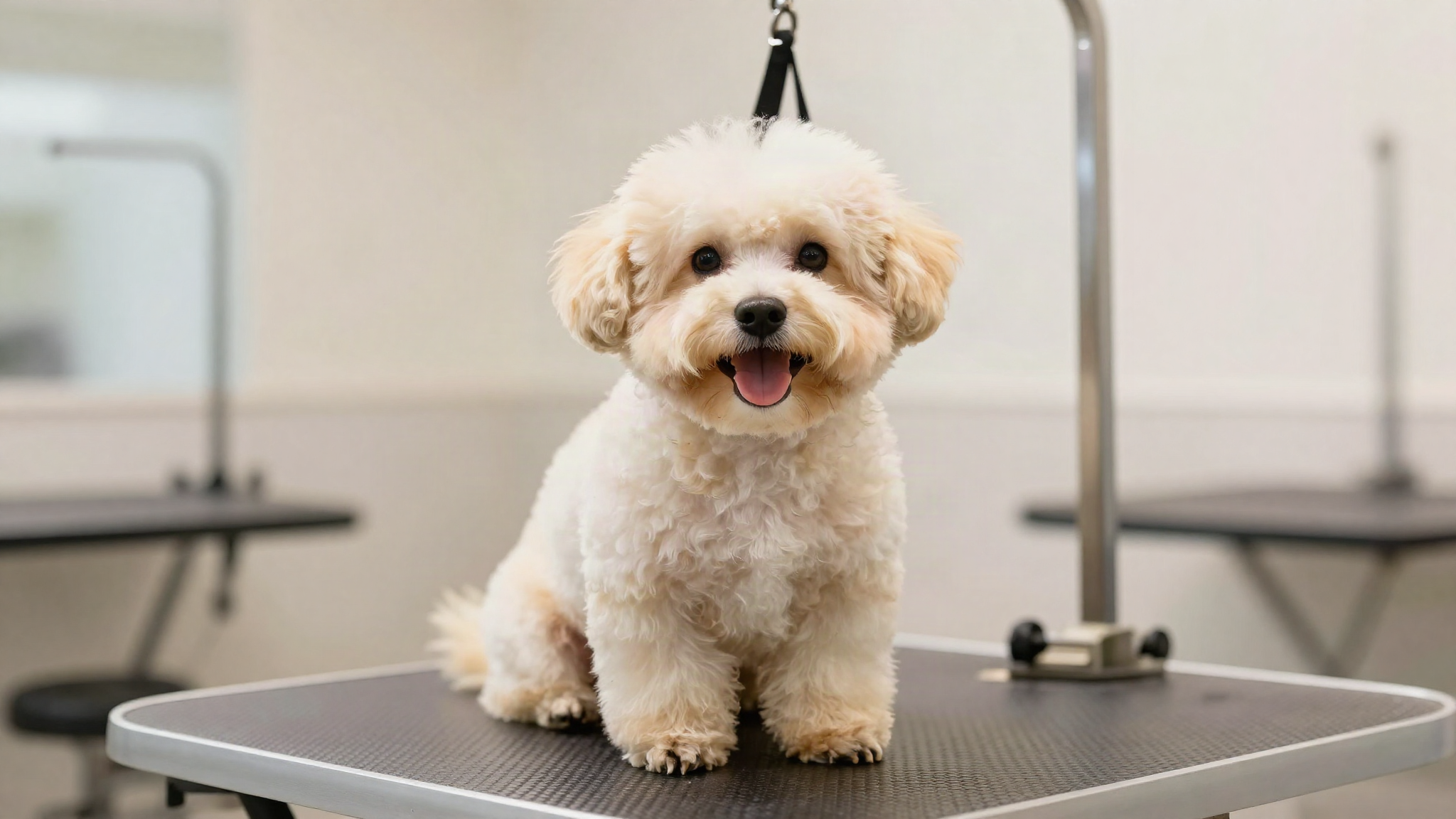 Fluffy puppy sitting calmly on a grooming table at a pet grooming salon