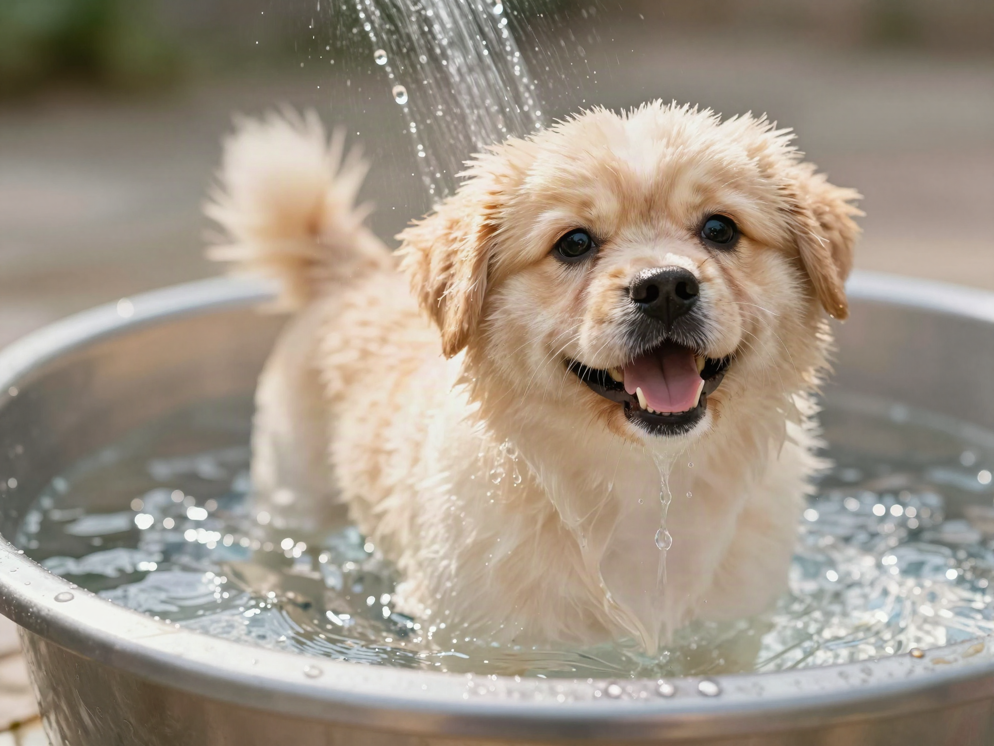 Cute dog enjoying a cool refreshing bath on a warm summer day