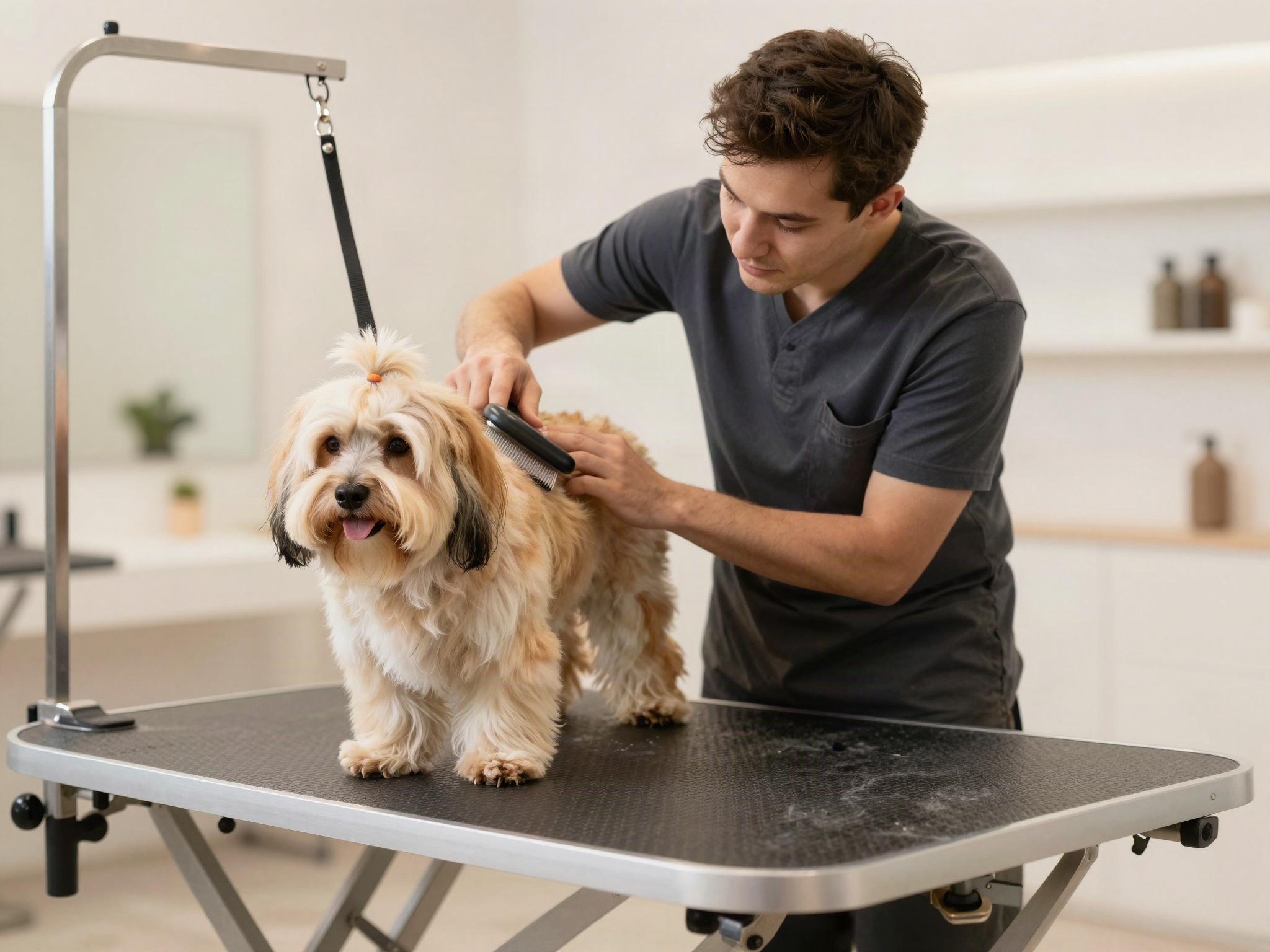 Professional groomer gently brushing a fluffy long-haired dog on a grooming table