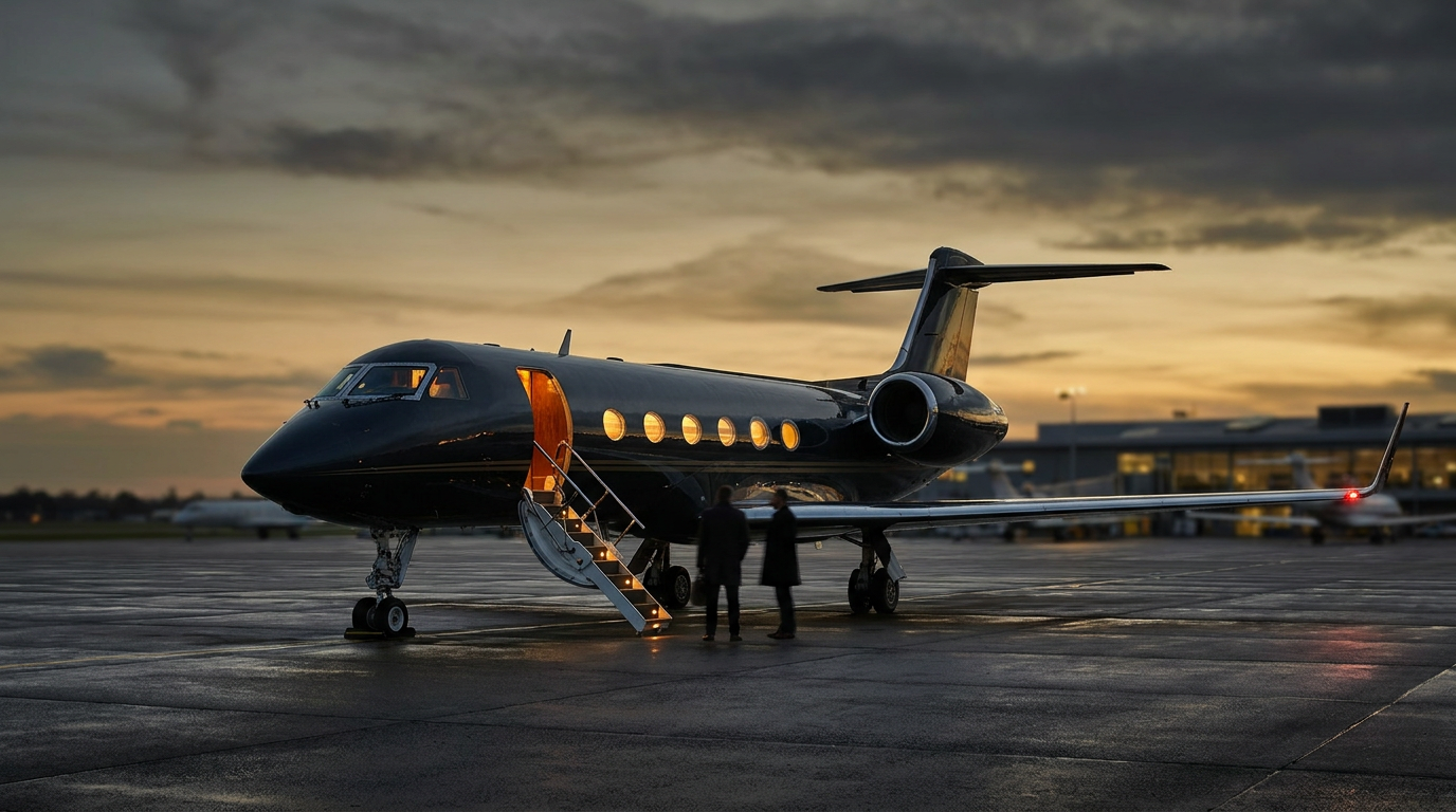 Private jet at dusk