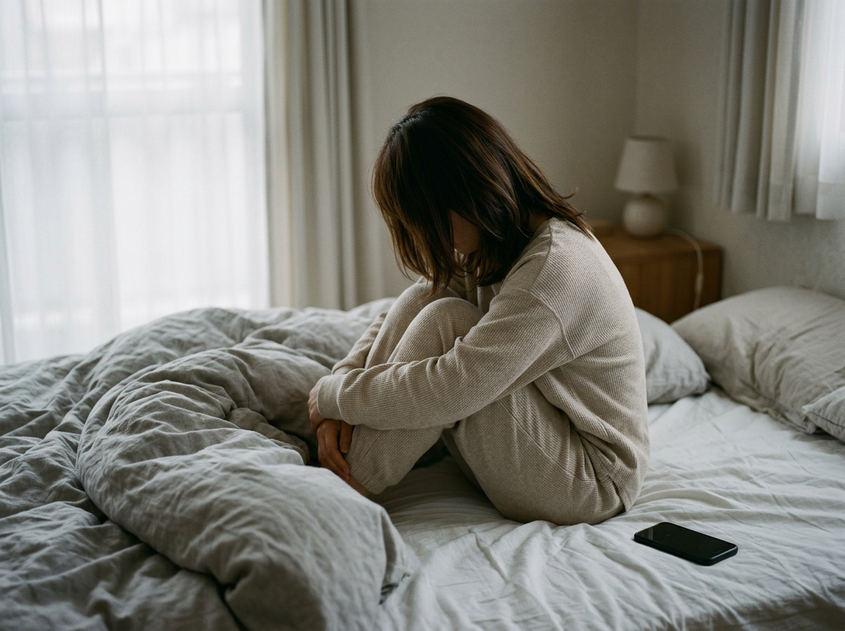 ベッドで膝を抱える女性