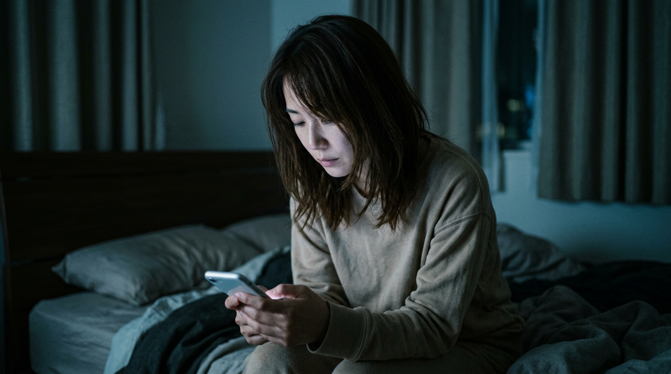 深夜、暗い部屋でスマホを見つめる女性