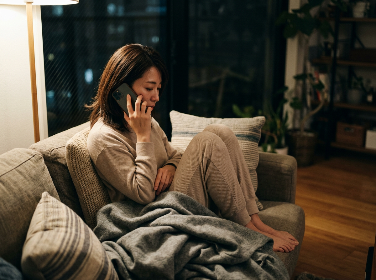 ソファで部屋着のまま電話する女性