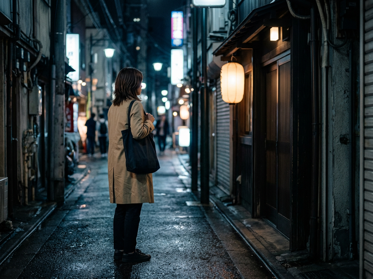 夜の街で店の前に立ち止まる女性