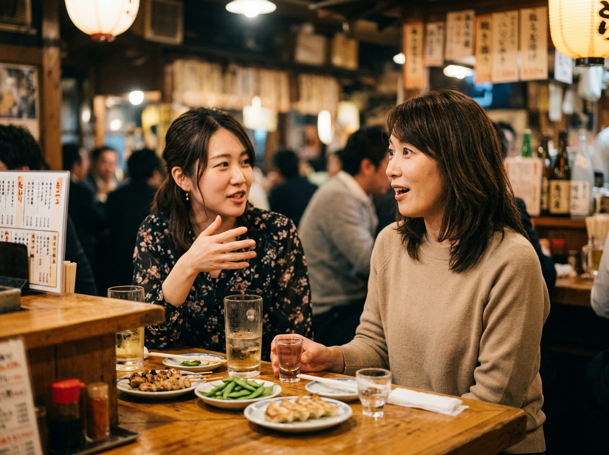 居酒屋で後輩と話す女性