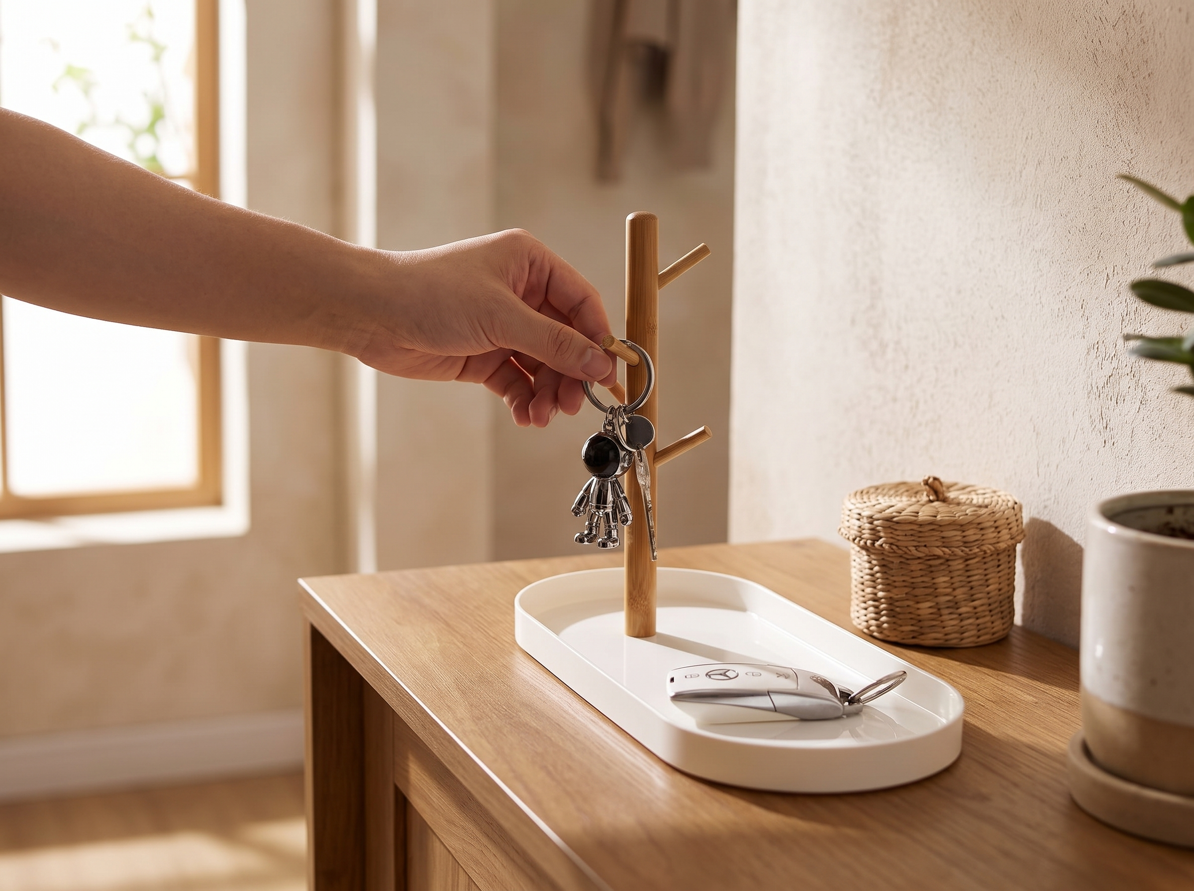 Wood & Plastic Entryway Catchall Tray with Key and Jewelry Tree shown in natural everyday use at home