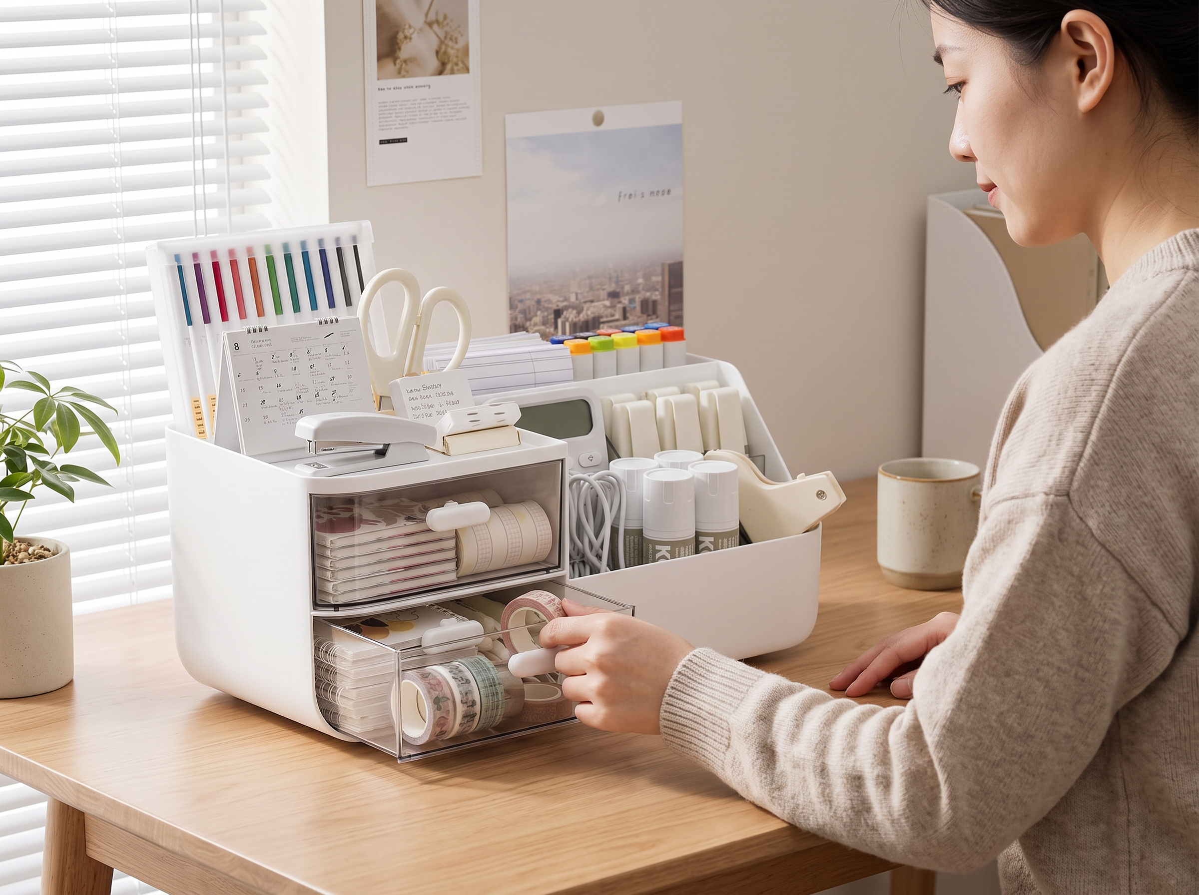 Divided Desktop Organizer Box with Drawers for Home Office & Study shown in natural everyday use at home