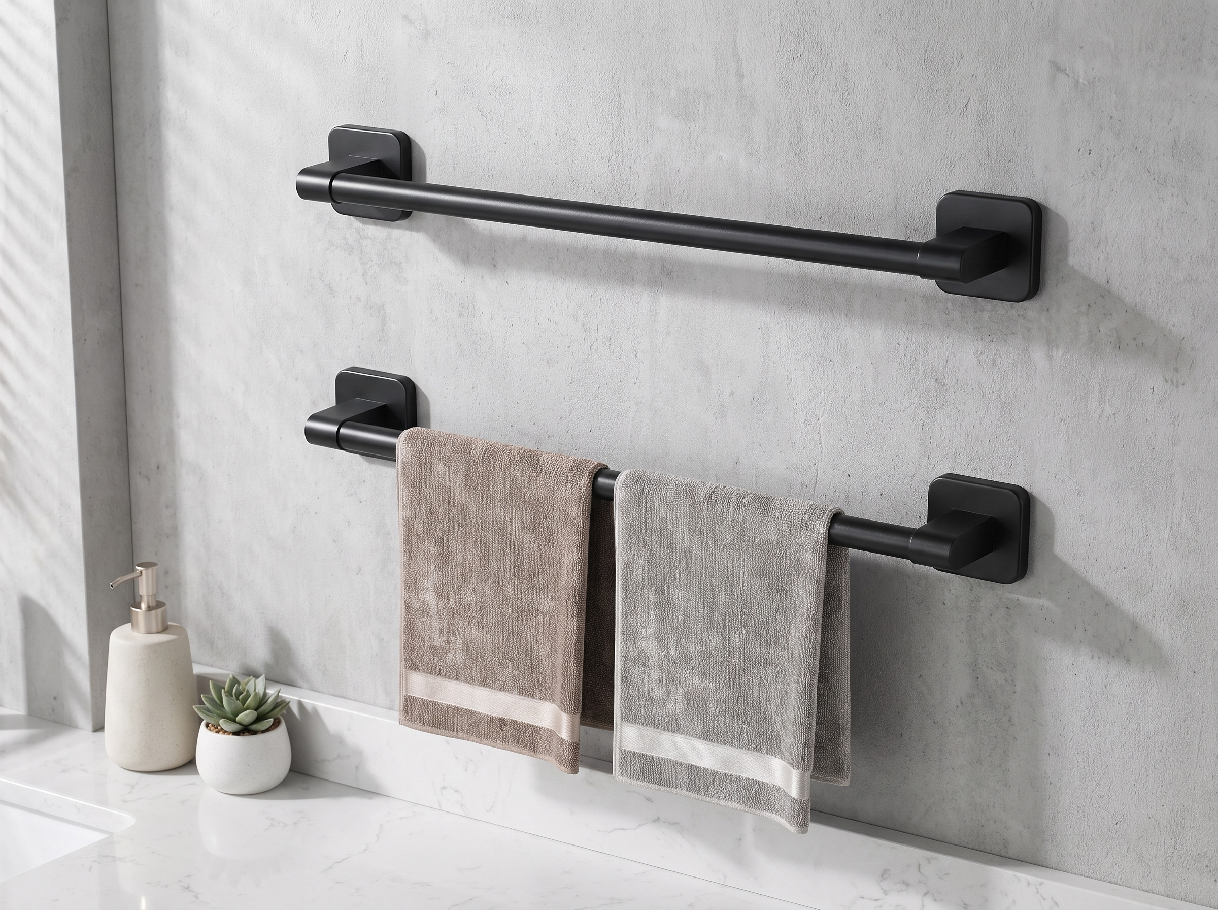 Self-Adhesive Black Aluminum Towel Bar for Bathroom Organization in a realistic home setting