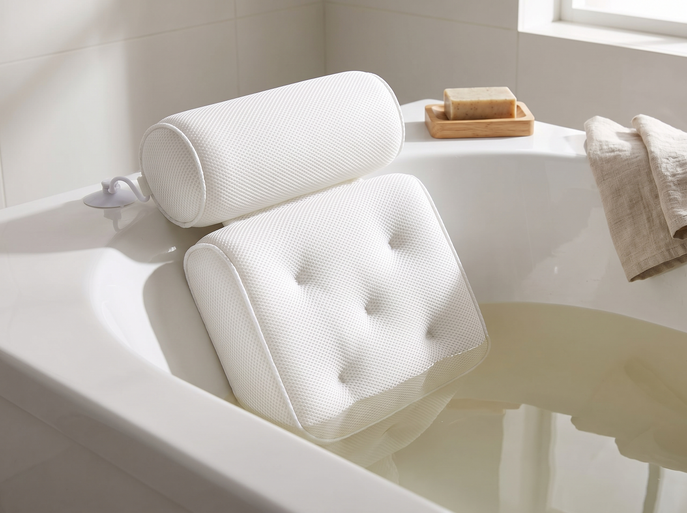 Supportive Air Mesh Bath Pillow for Neck and Back Comfort in a realistic home setting
