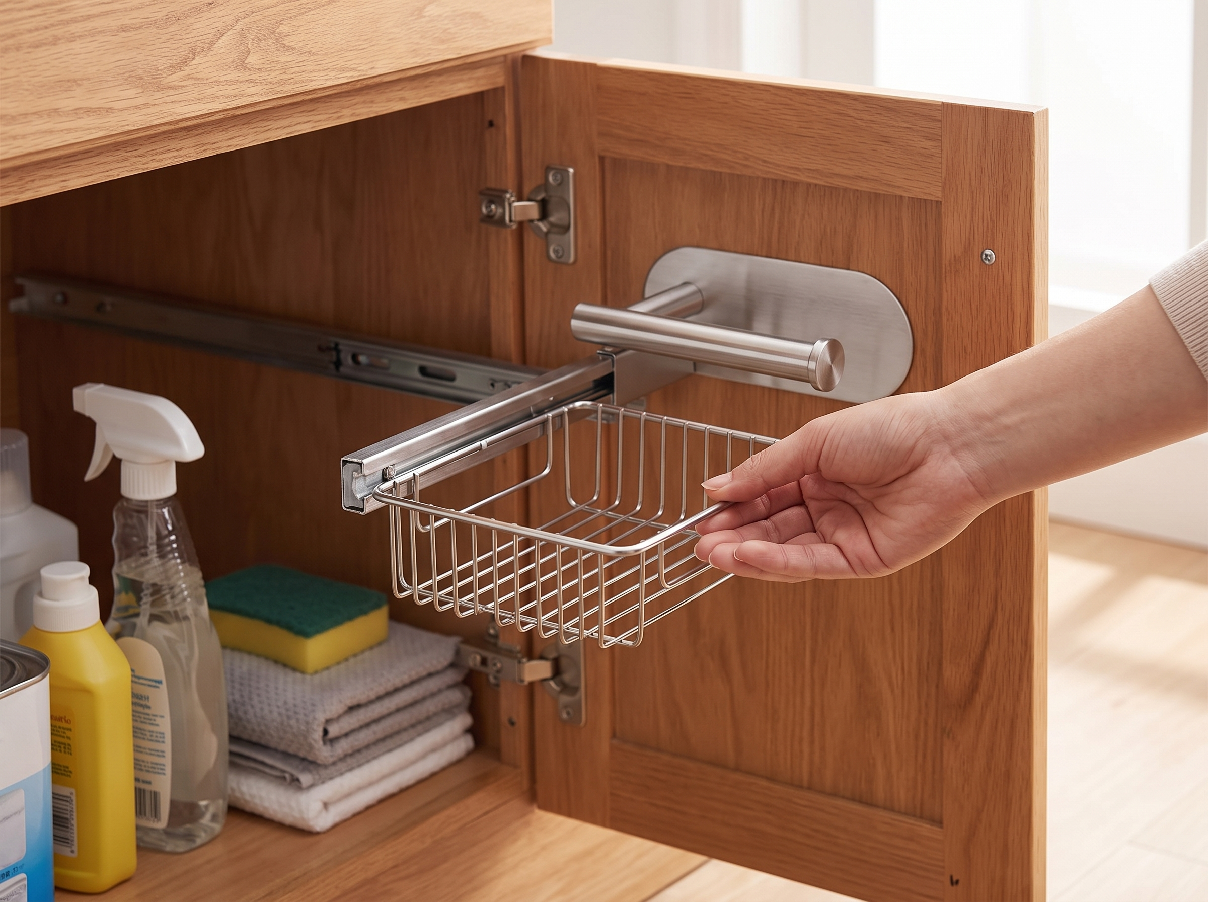 Stainless Steel Adhesive Toilet Paper Holder for Bathroom or Kitchen shown in natural everyday use at home