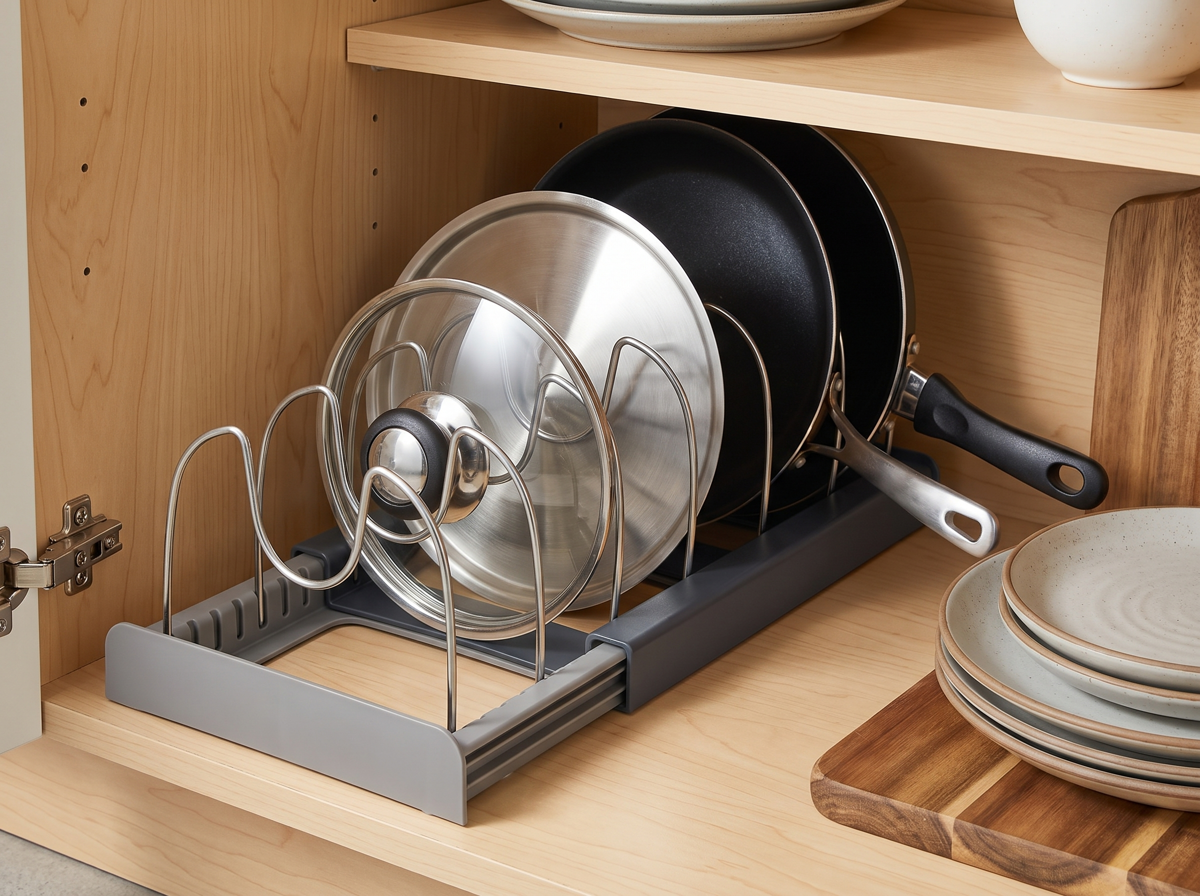 Expandable 7-Slot Pot and Pan Lid Organizer Rack for Cabinets in a realistic home setting