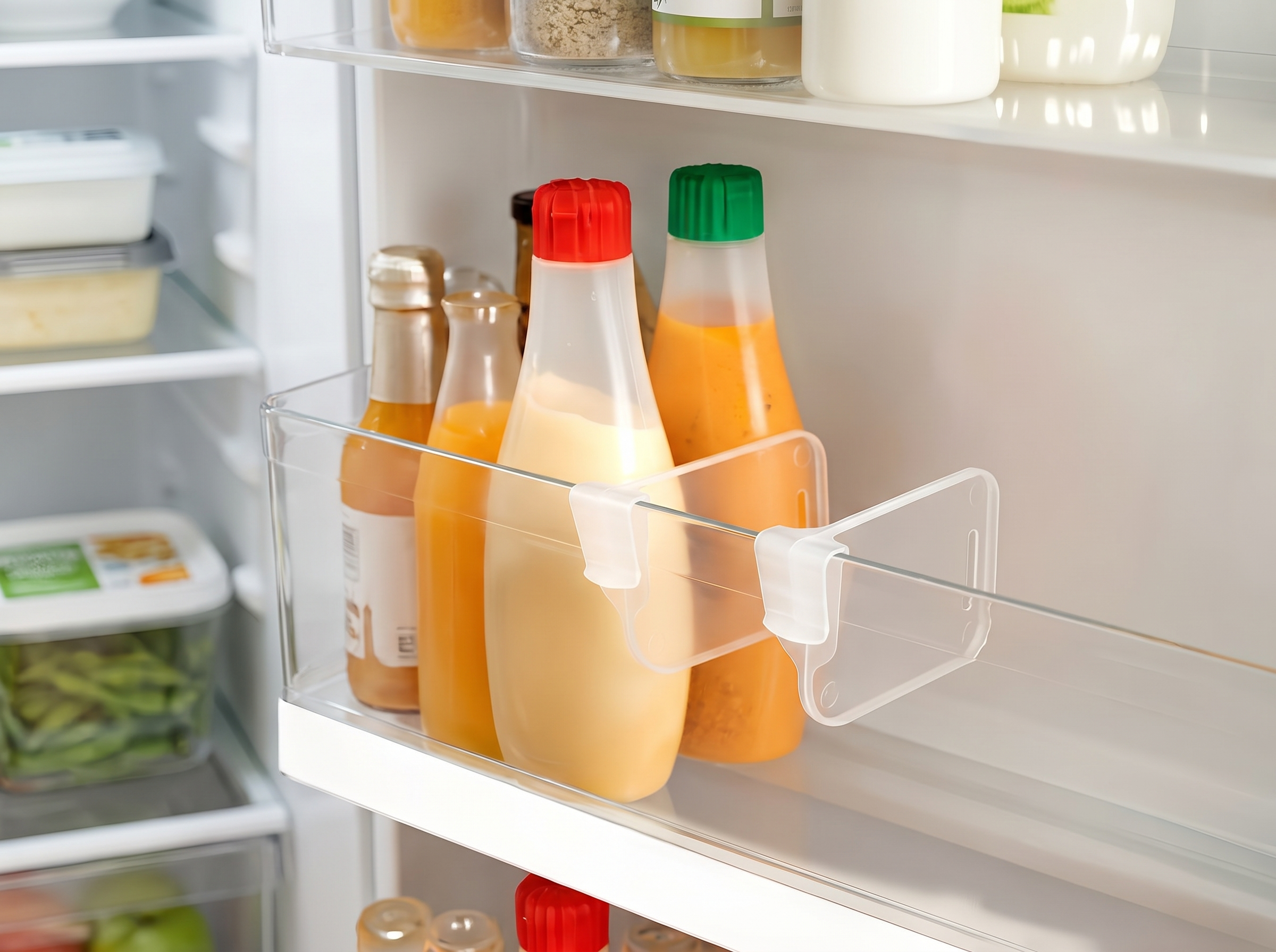 Adjustable Clear Refrigerator Shelf Dividers for Fridge Storage in a realistic home setting