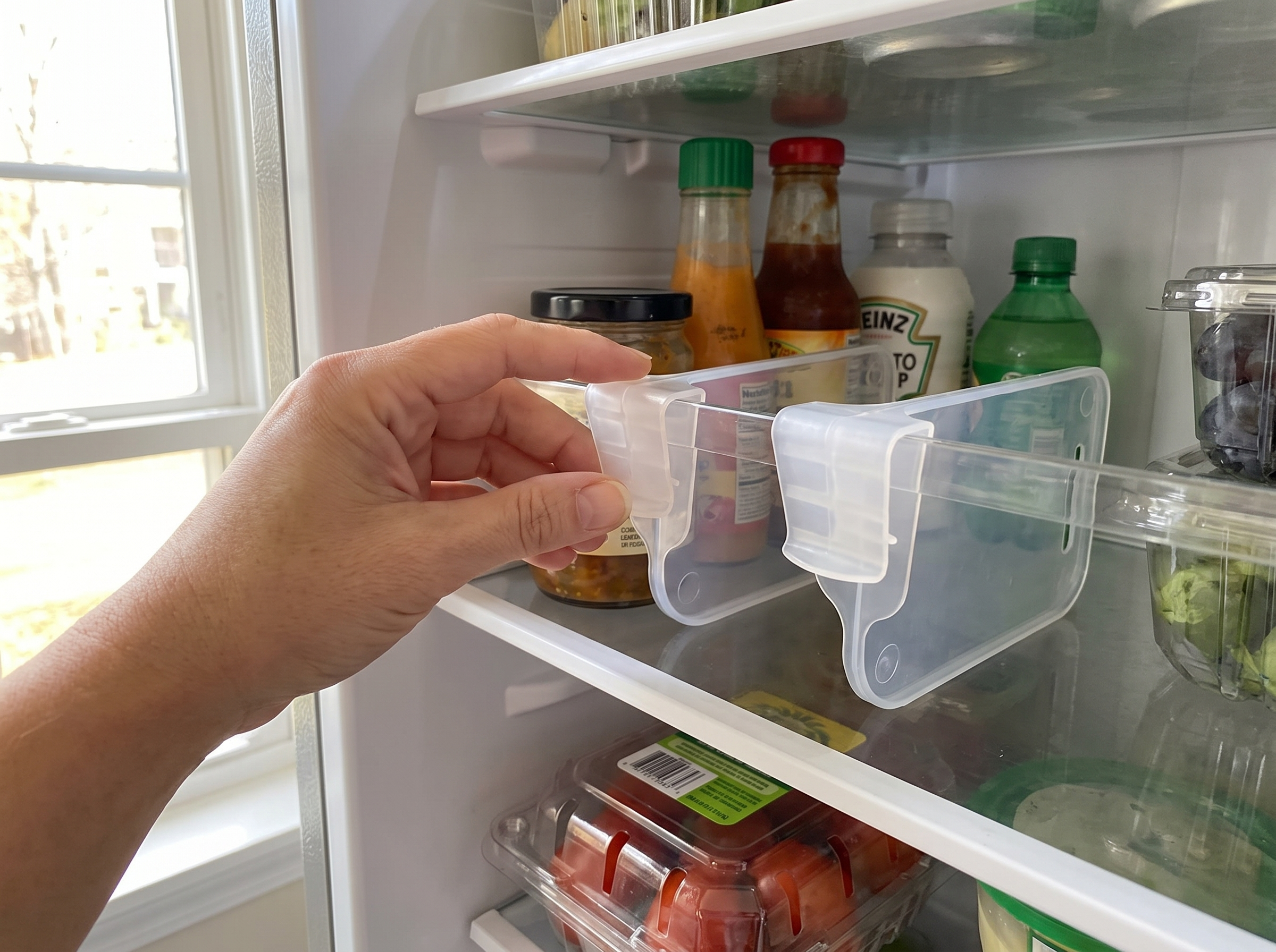 Adjustable Clear Refrigerator Shelf Dividers for Fridge Storage shown in natural everyday use at home