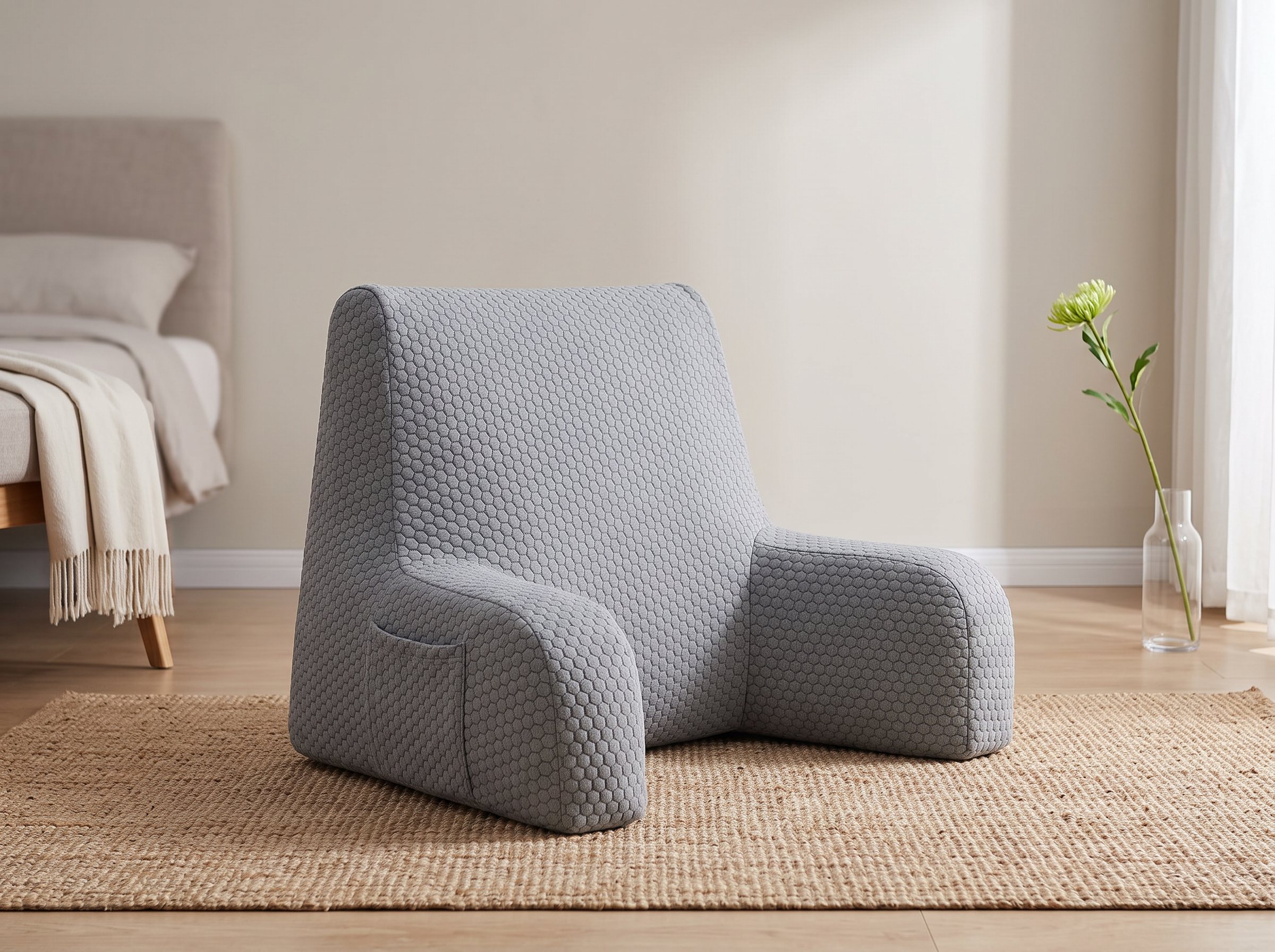 Extra Large Memory Foam Reading Pillow with Arm Rests and Pockets in a realistic home setting