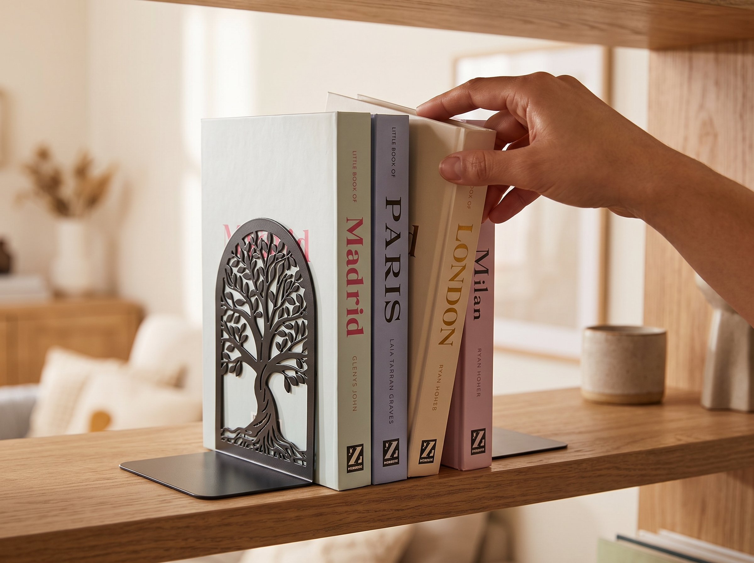 Tree of Life Metal Bookends – Decorative Shelf Organizer for Home or Office shown in natural everyday use at home