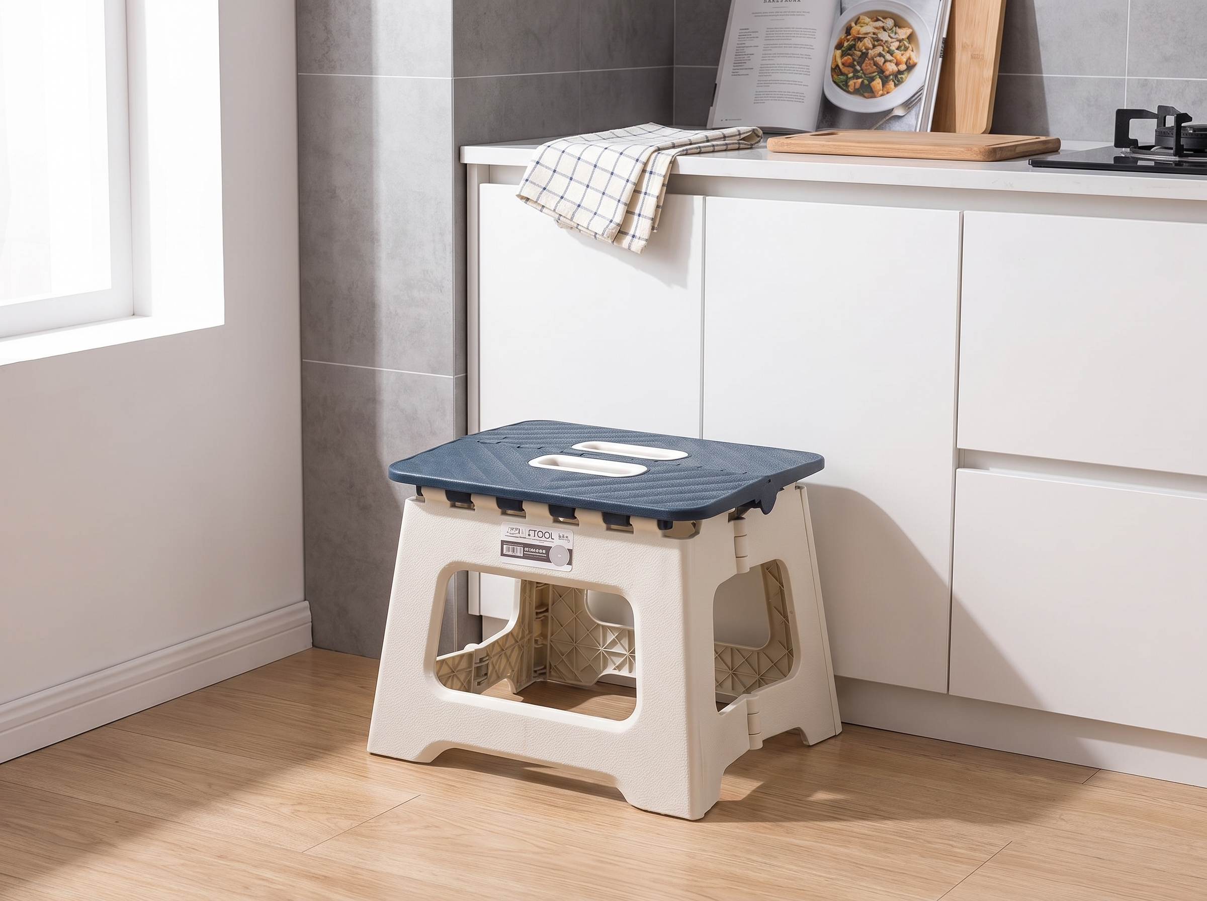 Folding Step Stool with Handle for Kitchen, Bathroom & Outdoor Use in a realistic home setting