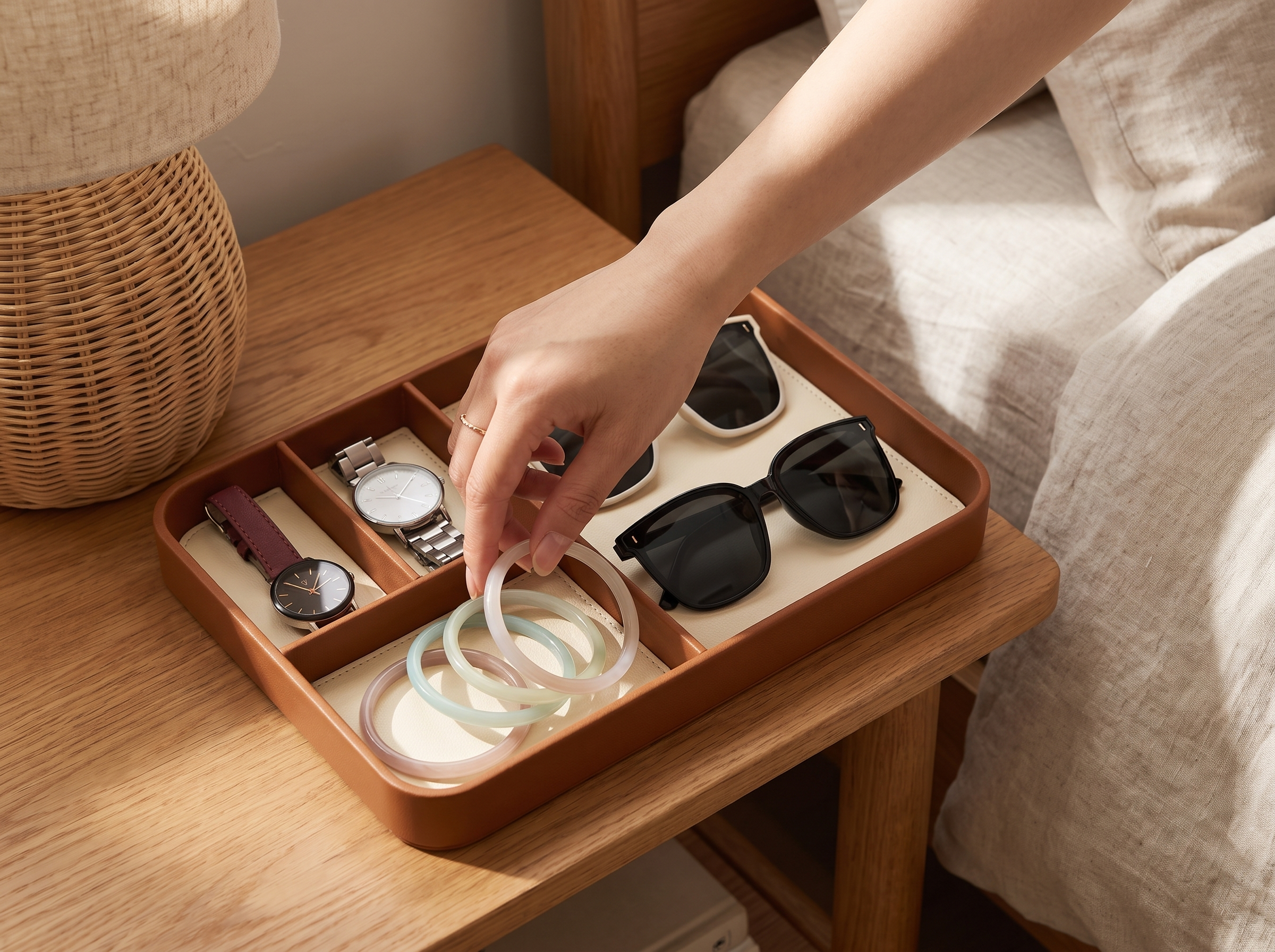 Wood Compartment Catchall Tray for Nightstand or Entryway shown in natural everyday use at home