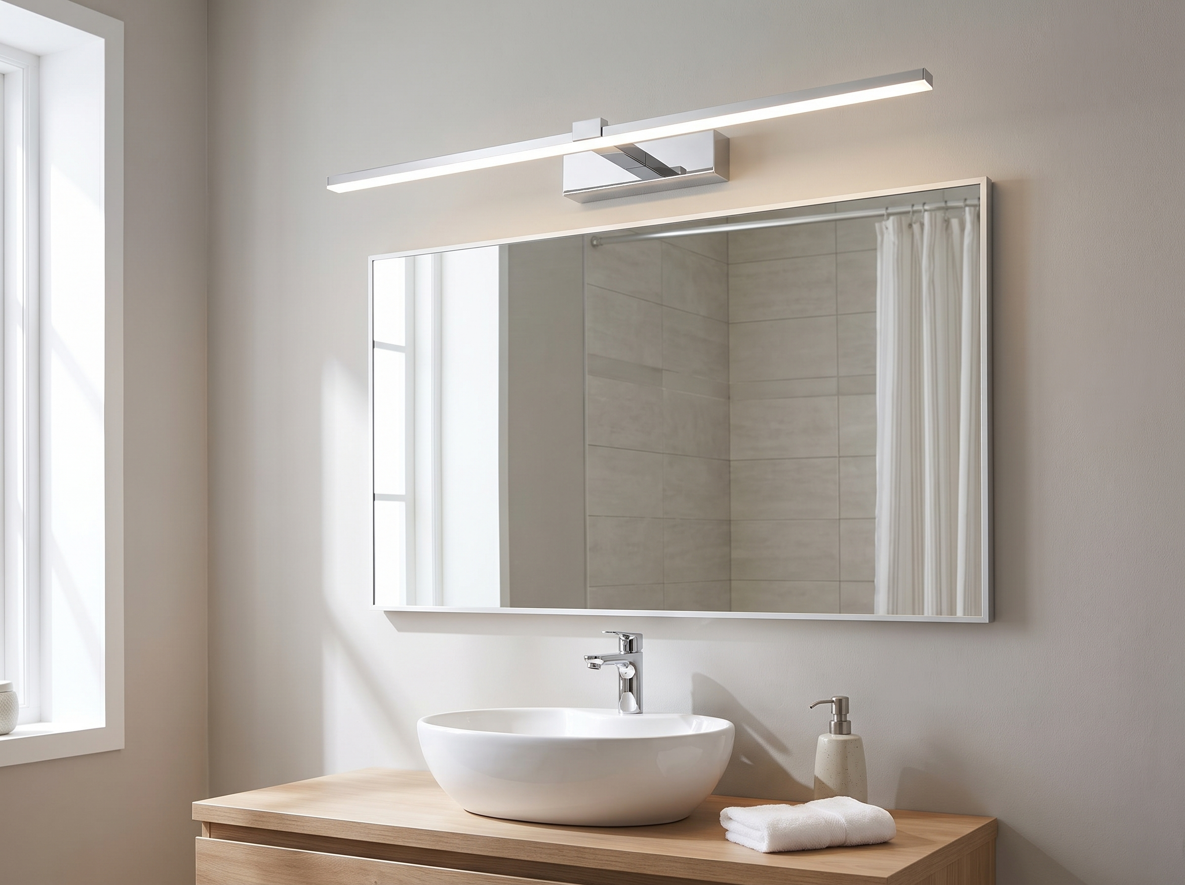 Modern LED Vanity Wall Light for Bathroom or Bedroom Mirror in a realistic home setting