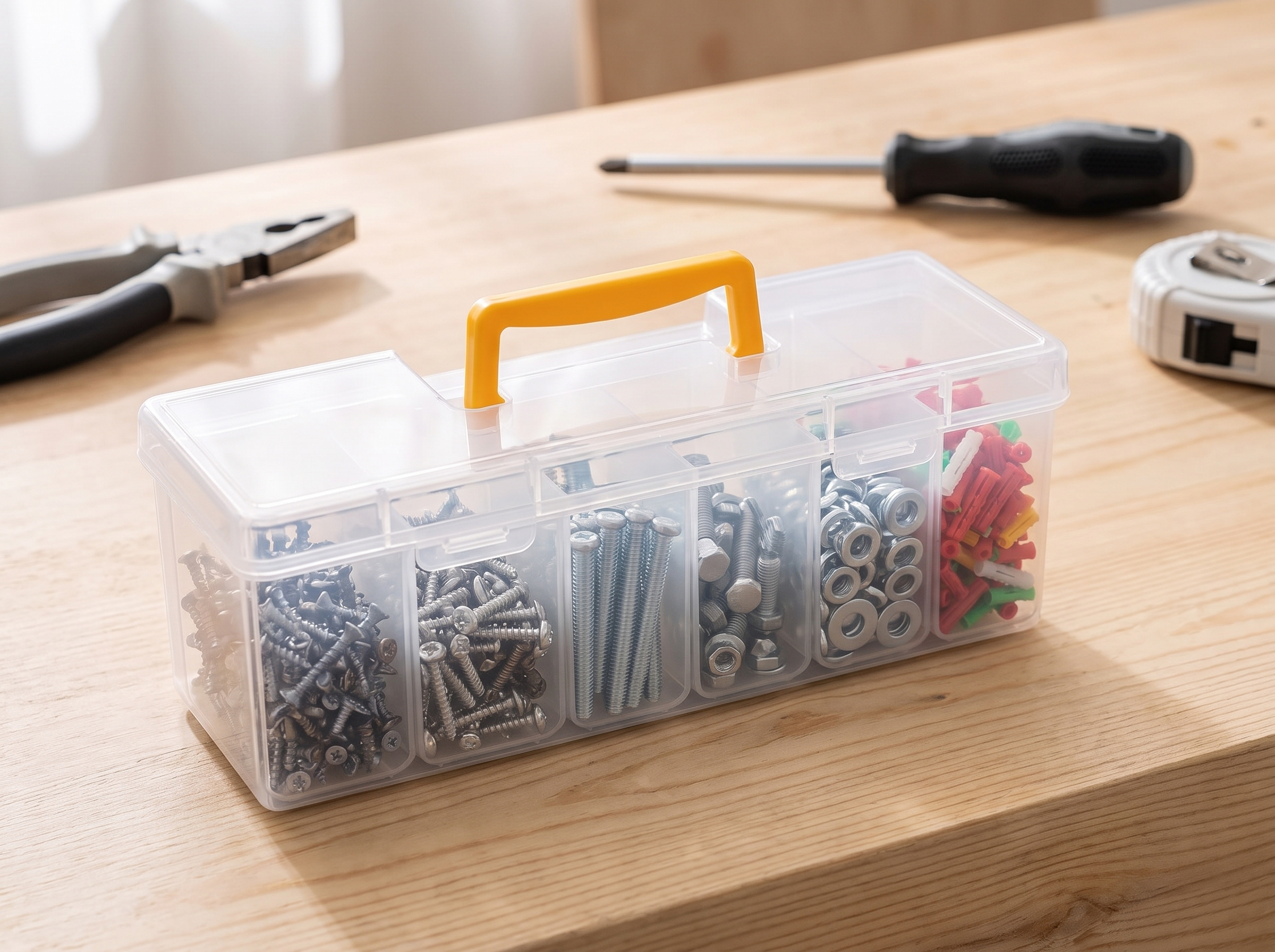 7-Compartment Portable Hardware Organizer Box in a realistic home setting
