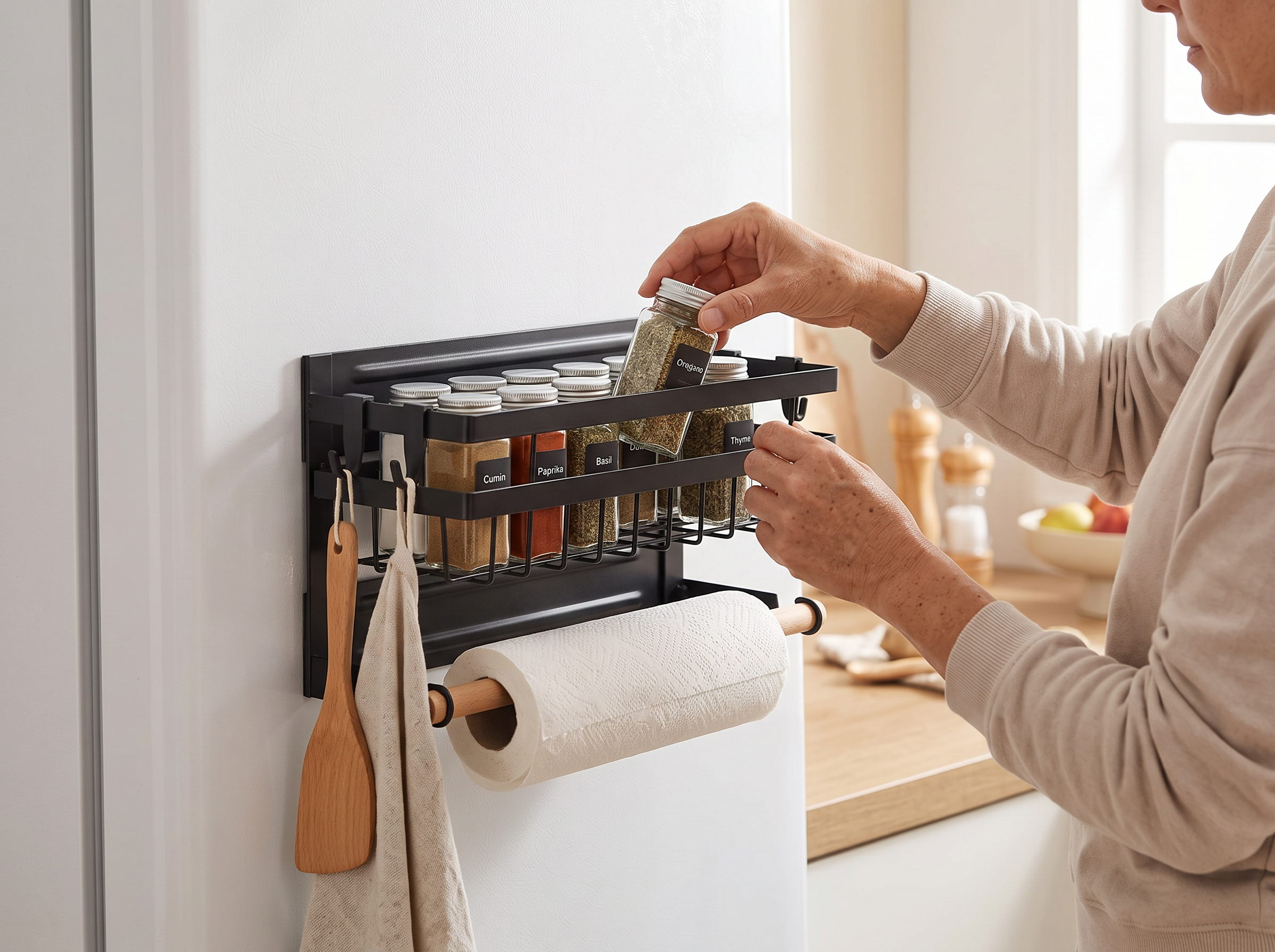 Magnetic Refrigerator Spice Rack with Hooks and Paper Towel Holder shown in natural everyday use at home