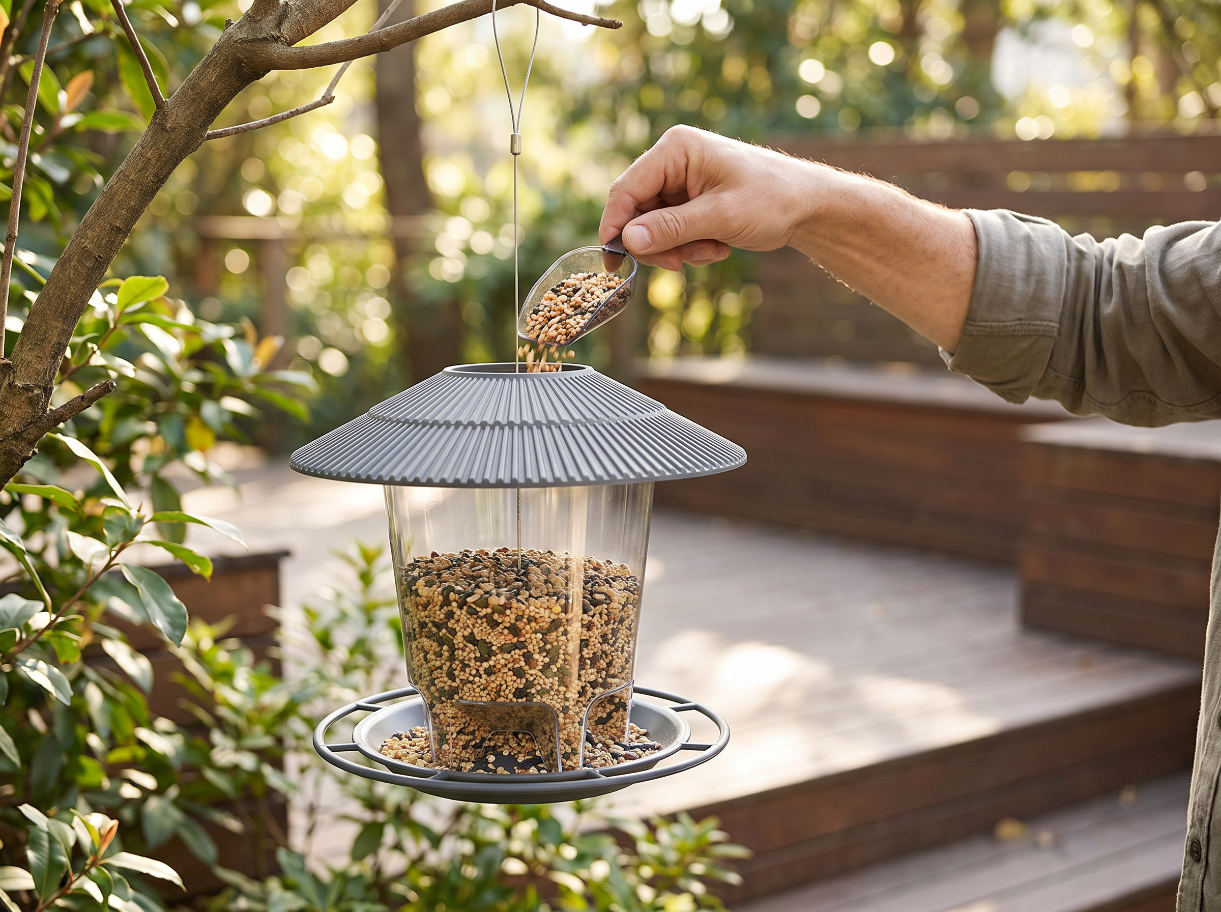 Outdoor Hanging Bird Feeder with Multiple Perches – Plastic, 2.6 lb Capacity shown in natural everyday use at home