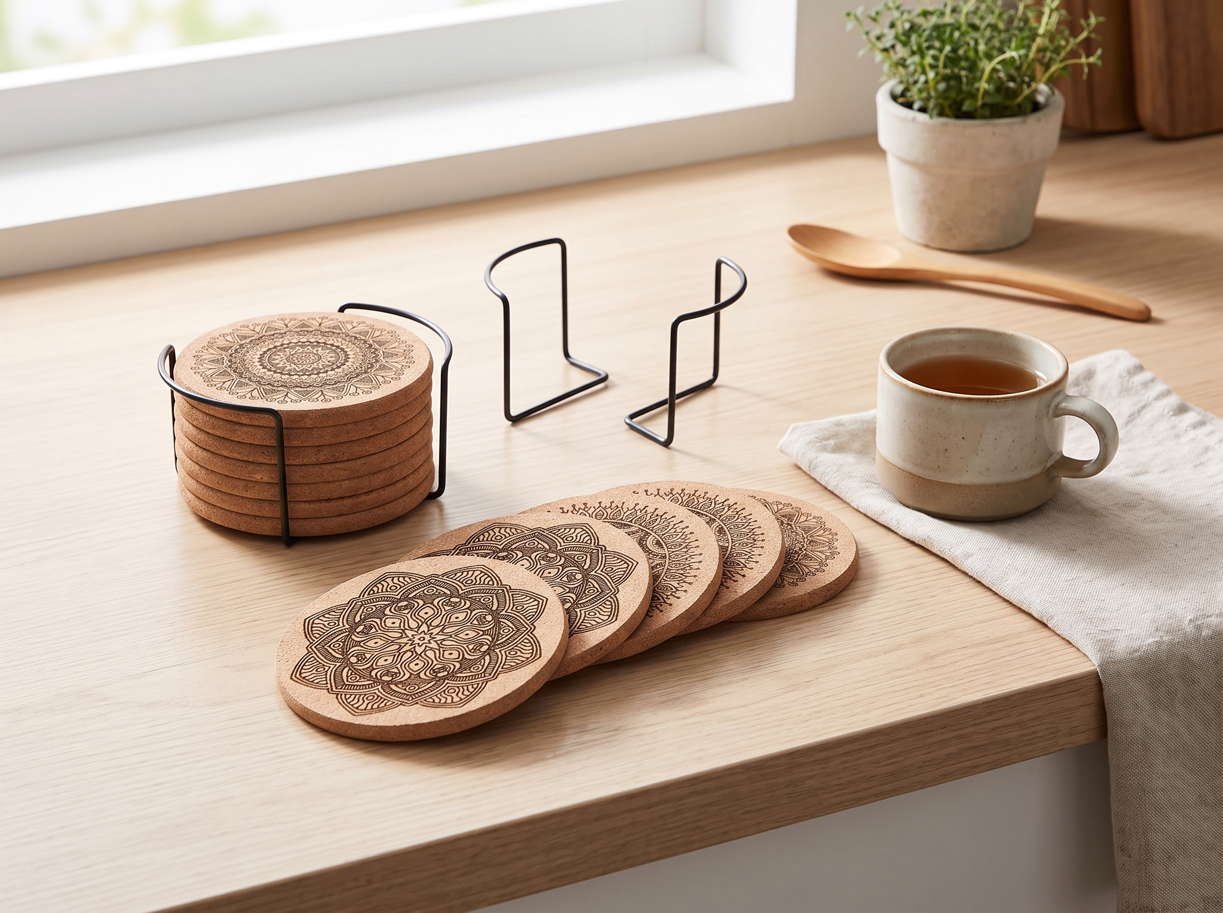 Mandala Flower Wooden Coaster Set, Single-Sided Print, Round, 4 in in a realistic home setting