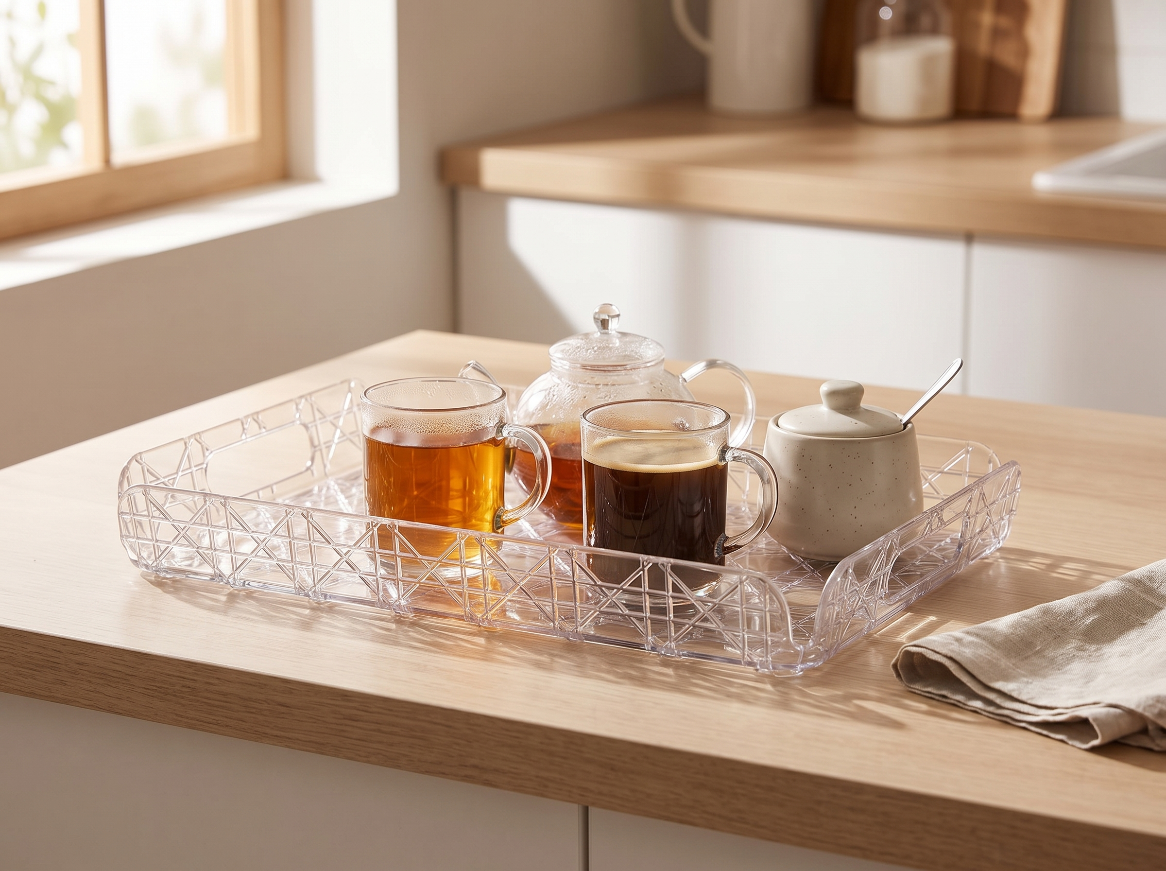 Clear Rectangular Tea and Coffee Tray with Handles – 2 Sizes in a realistic home setting